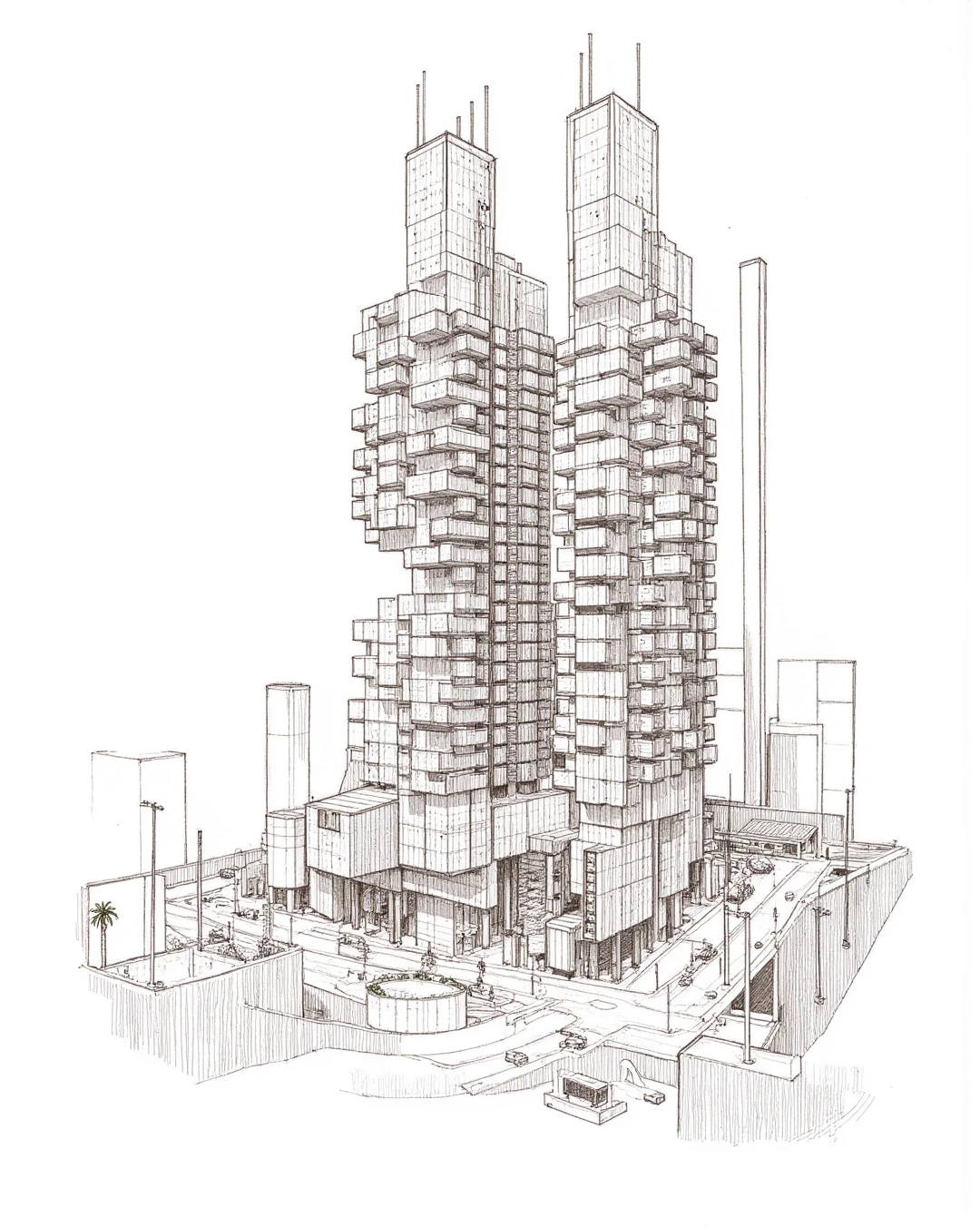 an architectural ink drawing of the Nakagin Capsule Tower <lora:ts_f1d_nakagincapsuletower_v4_2000:1>