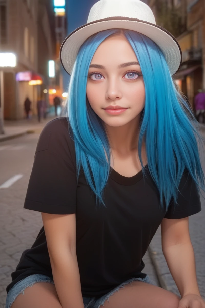 score_9, source_anime, zPDXL2, masterpiece, best quality, an image of TeamBAgentDove woman, white fedora, black v-neck t-shirt, close-up, looking at viewer, city street, late at night, <lora:TeamBAgentDove:1>, young, perfect purple eyes