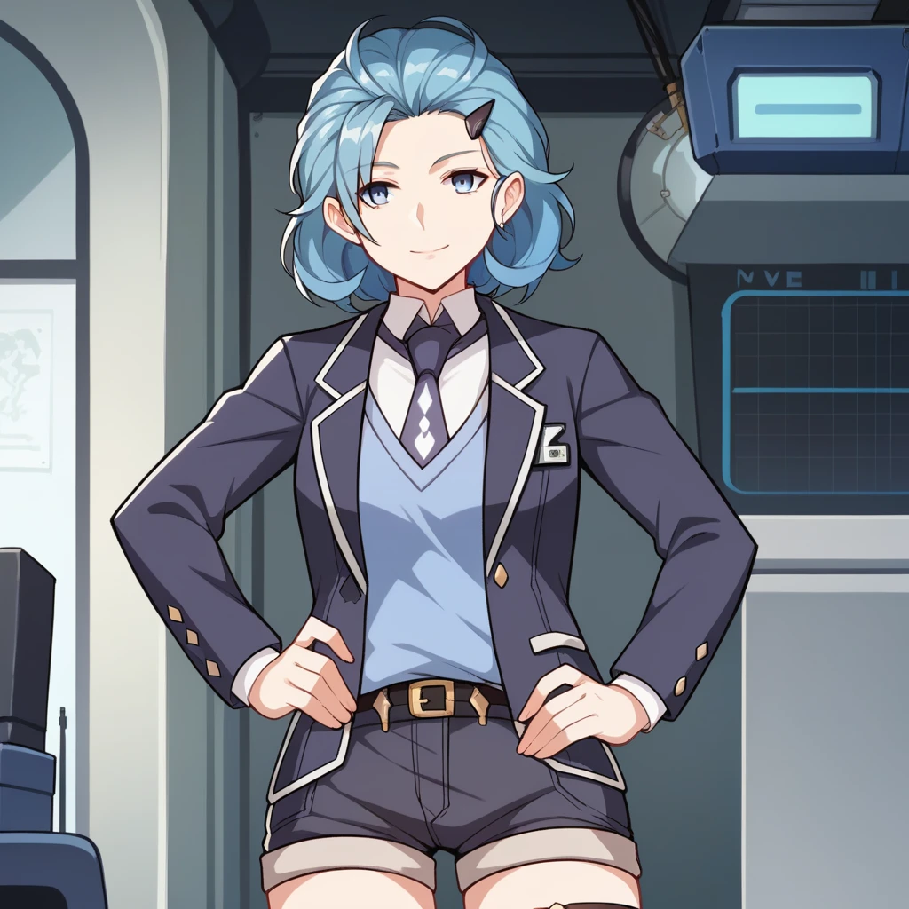 score_9_up, score_8_up, score_7_up, source_anime, masterpiece, best quality, 1girl, solo, Einstein_Hi3, Eins_Def, ceiling light, laboratory, screens, lab shelves, standing, tucking hair, hand on hip, looking at you, smile, blue hair, short hair, blue eyes, necklace, hairclip, black blazer, white shirt, blue vest, blue necktie, collared shirt, open clothes, thigh strap, short shorts, black shorts, black belt, long sleeves, mature body, dynamic cowboy shot, outdoors, facility laboratory background