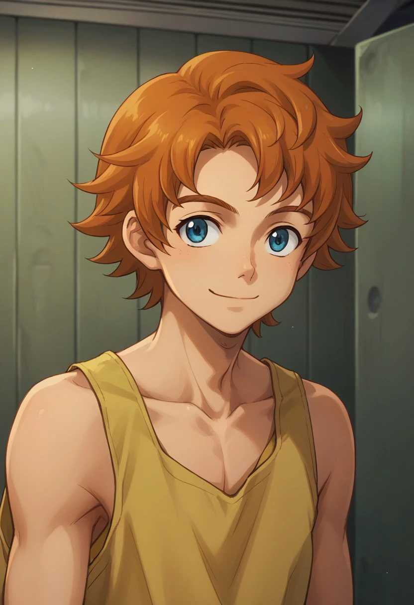 score_9, score_8_up, score_7_up, source_anime, highly detailed,
ridemass, 1boy, male focus, solo, smile, blue eyes, upper body, orange hair, tank top, yellow tank top, collarbone,
indoor, hangar,