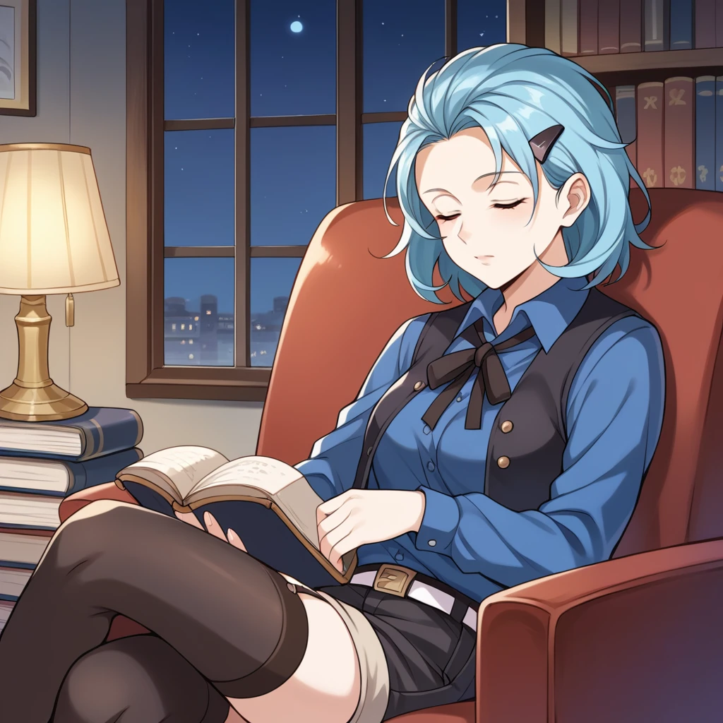 score_9_up, score_8_up, score_7_up, source_anime, masterpiece, best quality, 1girl, solo, Einstein_Hi3, Eins_VN, night time, bookshelves, desk lamp, sitting on couch, sleeping, closed eyes, book on lap, relaxed, blue hair, short hair, closed eyes, hairclip, blue shirt, polo shirt, neck ribbon, black ribbon, cropped vest, black vest, black shorts, short shorts, white belt, long sleeves, black thighhighs, garter belt, mature body, dynamic cowboy shot, indoors, library background