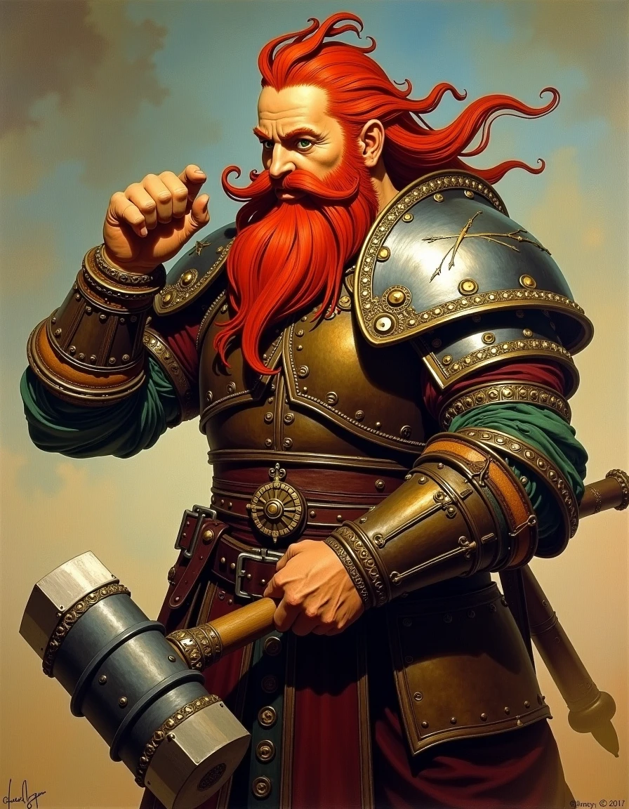 <lora:Alphonse Mucha_epoch_8:1>, mucha_style, a painting by Alphonse Mucha depicting  a dwarf man wearing leather armor and wielding a warhammer, red braided beard, unruly red hair, green eyes