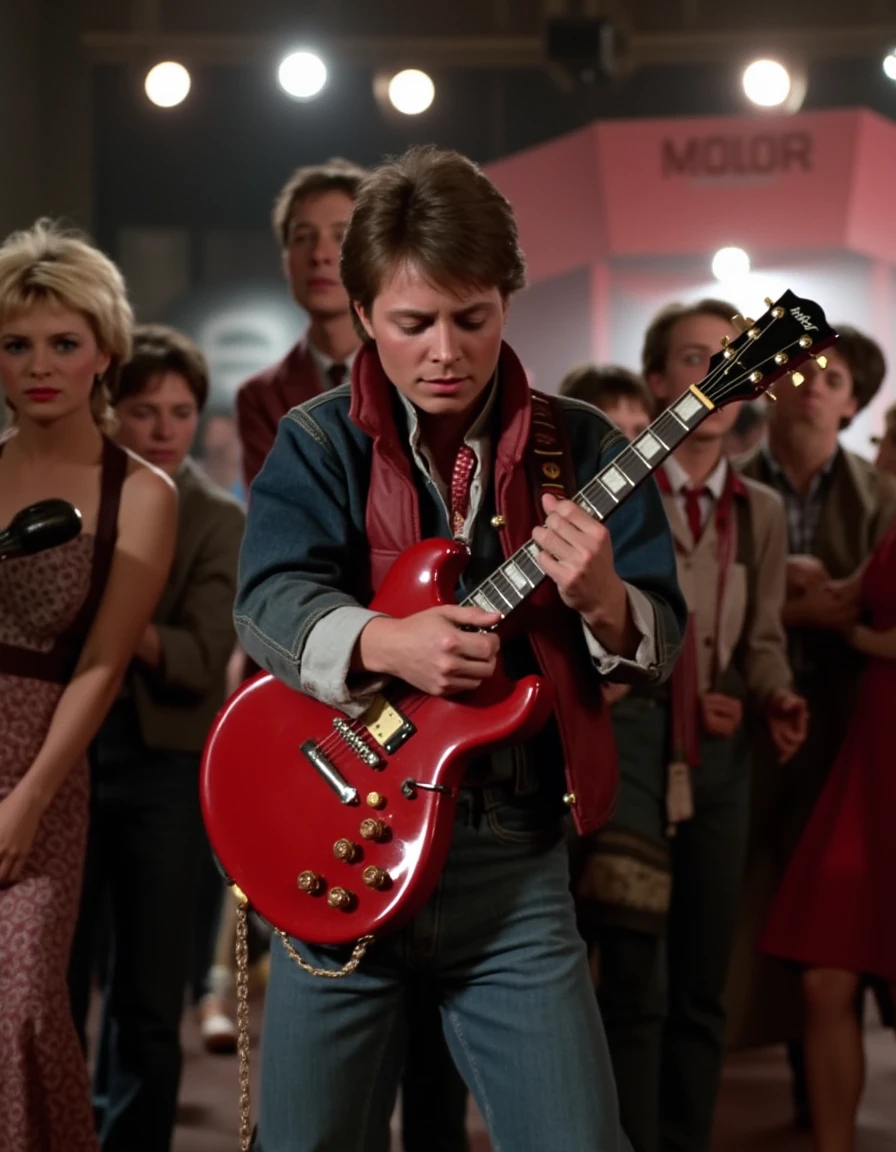 Marty McFly playing guitar at the Enchantment Under the Sea dance, rockstar pose, vintage 50s setting, slicked-back hair, classic red Gibson guitar, crowd in awe, stage spotlight, retro vibes, Back to the Future iconic moment, intense energy, sharp detailing.