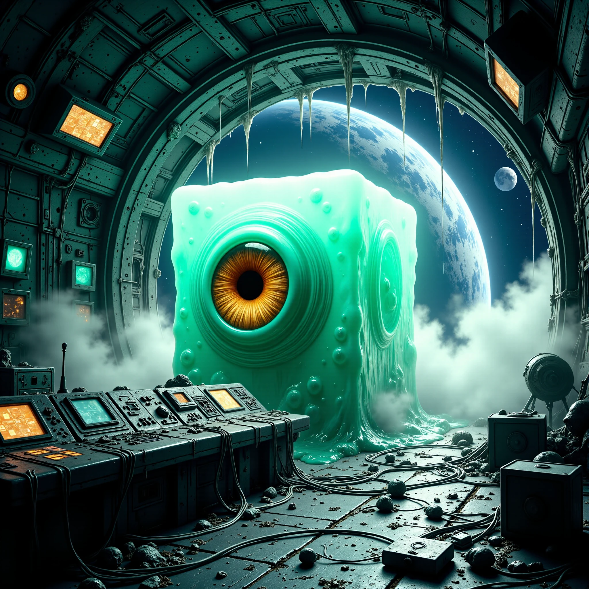 famous rtwork, epic atmospheric composition following the rule of thirds, sci-fi-style, extremely detailed award-winning cinematic film shot on the bridge of a large abandoned spaceship filled with control panels, wall screens, and various highly advanced technical equipment, a translucent cyan gelatinous cube with a large, detailed, ominous orange eye at its center is engulfing the ship's advanced sci-fi-style technical equipment, slime is dripping from the ceiling, as the artificial gravity is still working, the floor is littered with thick electric cables and broken-down technical devices, outside the large viewport, the curvature of a beautiful exoplanet is visible, with a moon in the distance and the vastness of space stretching beyond, stars and faint nebulae add to the ambiance, the scene is bathed in cold, artificial light, with shadows casting long, ominous shapes, and an eerie mist rising from a steam vent, the entire setting feels both futuristic and sinister, as if the cube is a lurking menace in the depths of space, shot at a dutch angle, <lora:gelatinous_cube-flux-by_oneviolentgentleman_epoch_16:0.7>