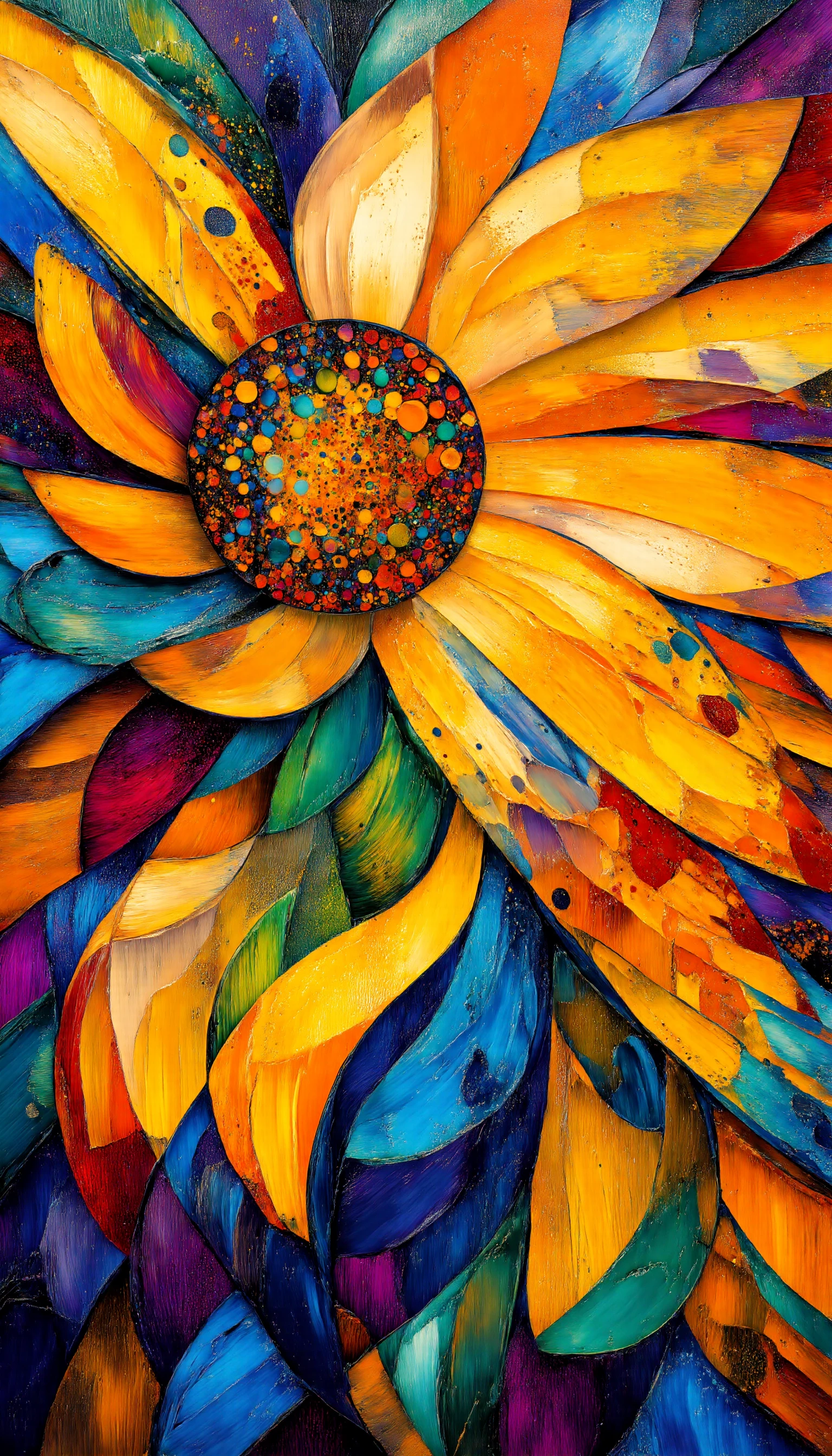 A modern reinterpretation of Vincent van Goghâs "Sunflowers," featuring energetic impasto brushstrokes and bold, contemporary colors. The sunflowers are painted with thick, textured layers of paint using a palette knife and hog hair brushes, creating dynamic, swirling petals. The composition is minimalistic, with a focus on the bold shapes and energetic brushwork, where vivid yellows, oranges, and contrasting deep blues define the flowers. The image balances the intensity of the impasto technique with a clean, refined background, creating a harmonious blend of chaotic energy and simplicity. <lora:Midjourney_Whisper_BrushPulse_v01_epoch_20:1>, colorful, energetic, rich colors, <lora:midjourney_whisper_chromaplex_v1:0.8>,  
 agate texture, <lora:Midjourney_Whisper_AgateX_v1_epoch_10:0.6>,  a colorful and minimalistic style. <lora:Midjourney_Whisper_Minimal:0.6>,