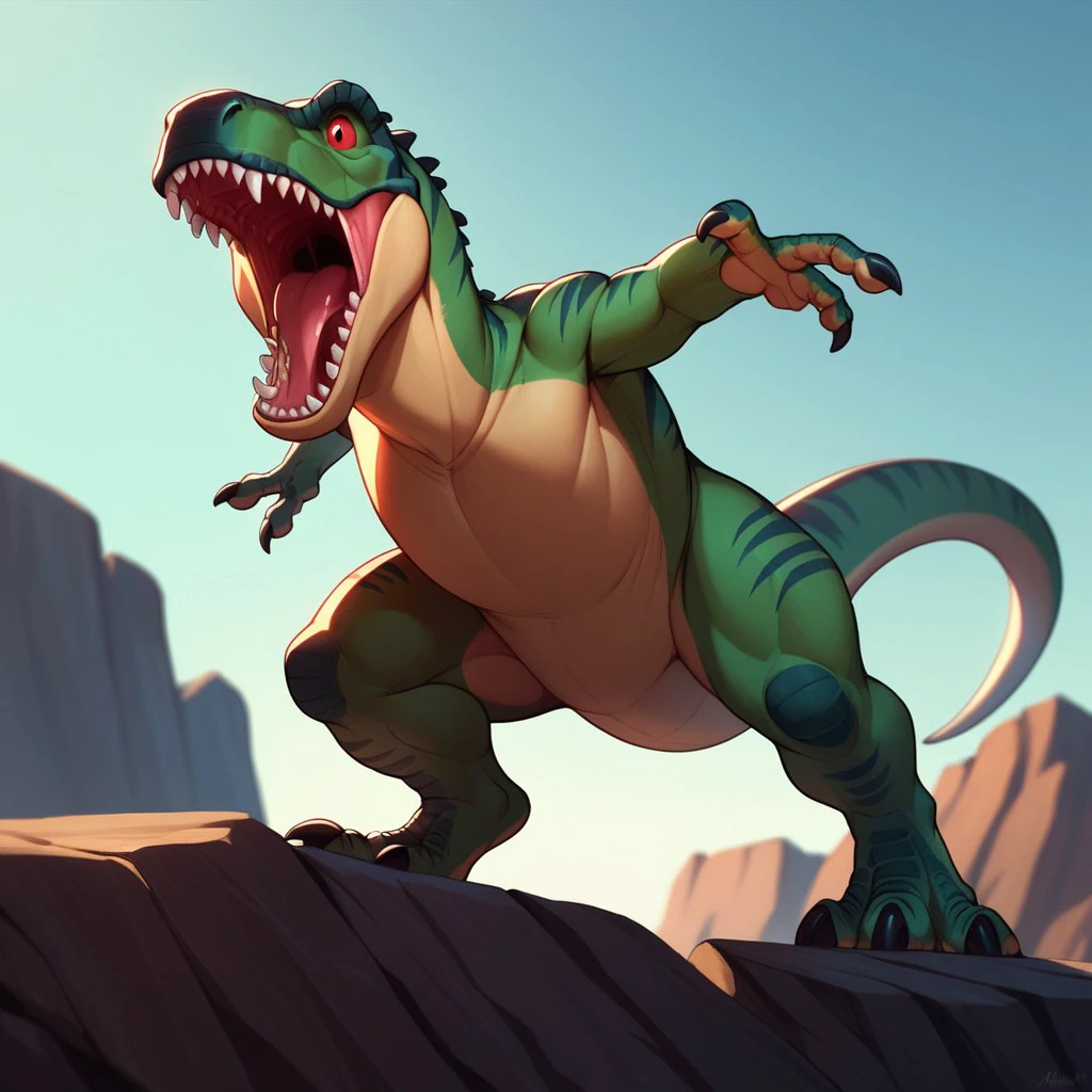 score_9, score_8_up, score_7_up, score_6_up, source_furry, Sharptoothlbt, feral, male, Tyrannosaurus, theropod, dinosaur, scalie, green skin, red eyes, red sclera, standing, on a cliff, roaring, , <lora:cbd5649f-12a9-49eb-8f5e-d6343822b051:0.7>