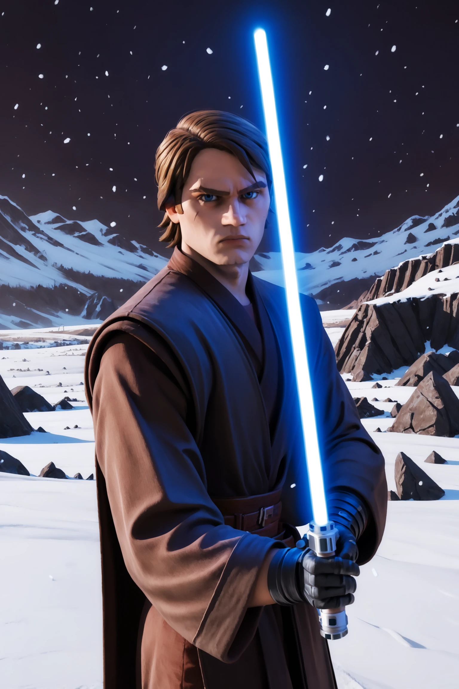 score_9, score_8_up, score_7_up, score_6_up,score_5_up,score_4_up, imtdanakin, 1boy, solo, holding, lightsaber, energy sword, fight pose, holding with two hands, snowing, snowy landscape, epic landscape, apocalyptic landscape, brown hair, medium hair, gloves black gloves, scar, belt, bangs, scar on one eye, scar across the eye, blue eyes, brown clothes, robe, coat, expressionless, looking at viewer, dark background, rating_questionable.
