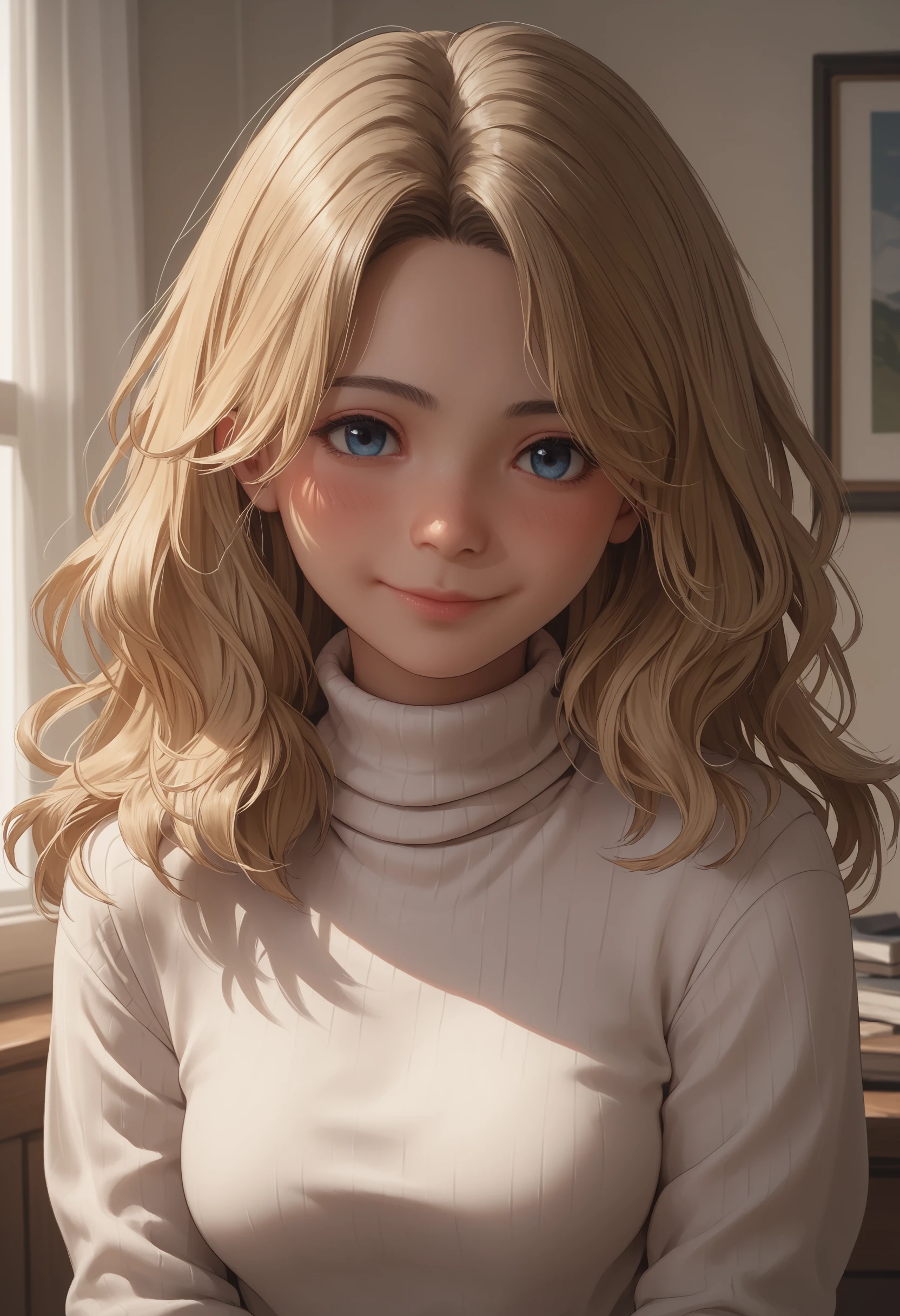 score_9, score_8_up, score_7_up, score_6_up, score_5_up, score_4_up, 1girl, <lora:BeccaWoolettRER:0.75> solo, medium breasts, blue eyes, wavy hair, blonde hair, long hair, looking at viewer, wearing a white turtleneck, turtleneck, smile, blush, 
indoors,