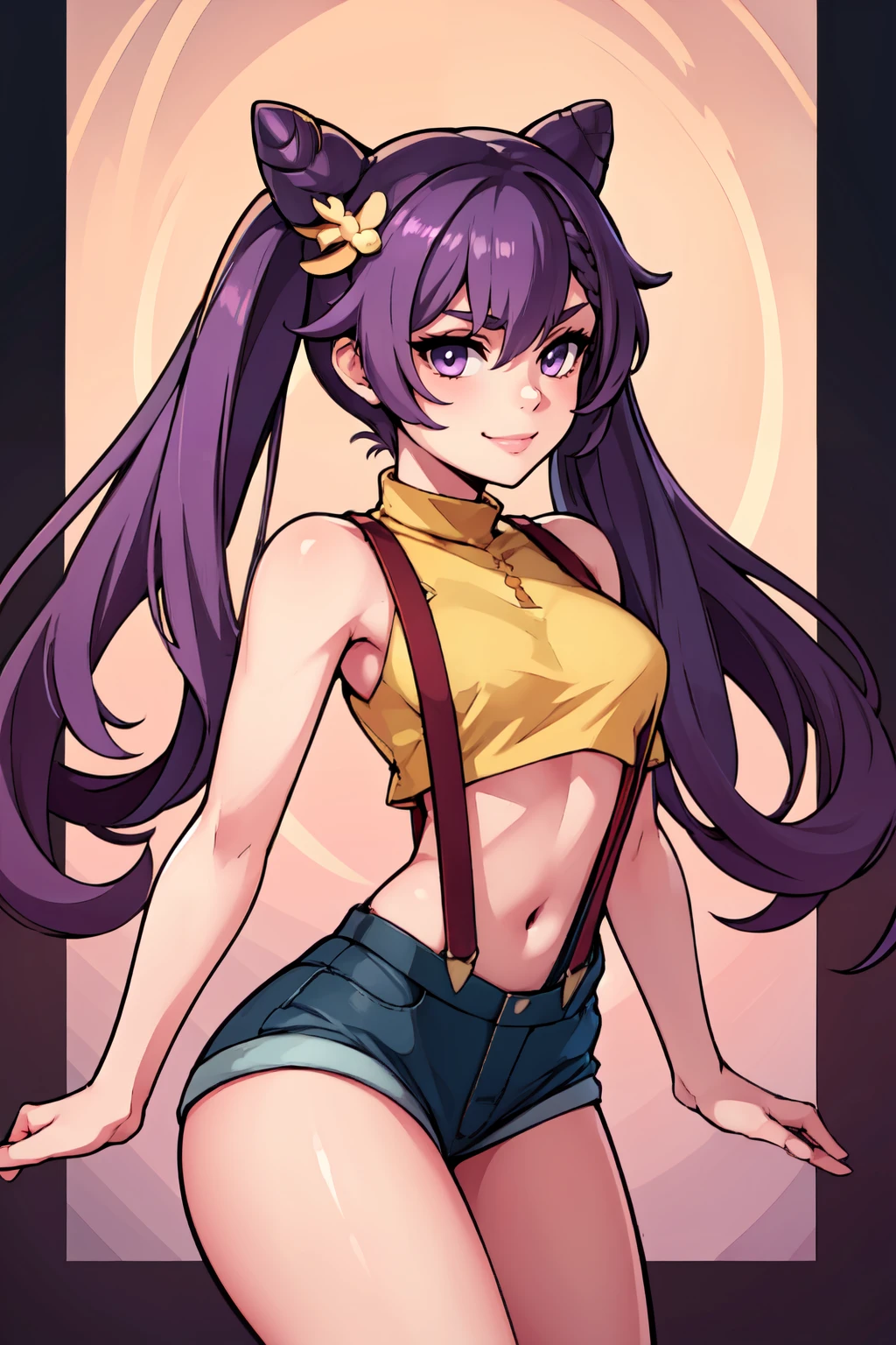 ((masterpiece,best quality)), absurdres,  BREAK, , <lora:Keqing_Genshin:0.7>,  Keqing_Genshin, 1girl, solo, long hair, twintails, very long hair, purple hair, cone hair bun, purple eyes, keqing \(genshin impact\),  hair ornament, , BREAK,  <lora:Misty_Pokemon_Cosplay_v3:0.8>,  misty (pokemon) (cosplay), yellow crop top, suspenders,, BREAK, solo, smile, looking at viewer, cowboy shot,