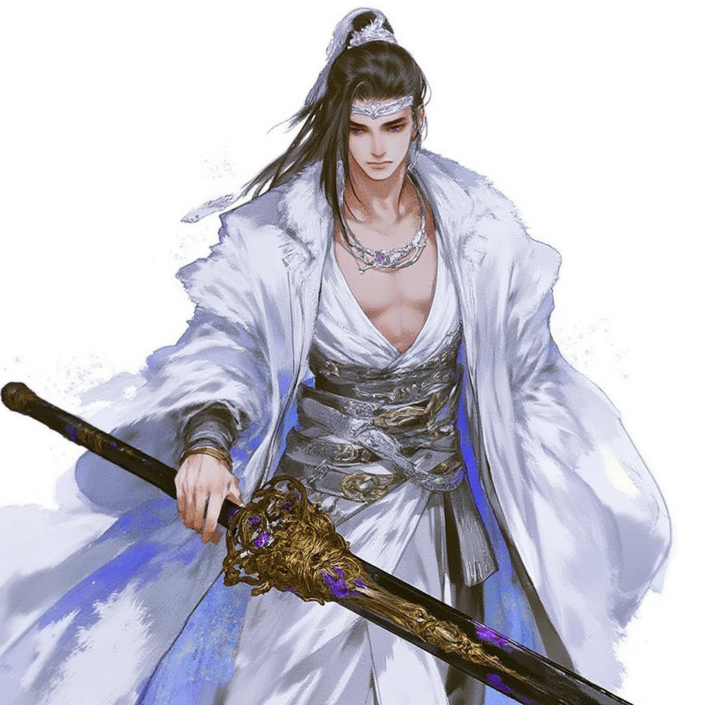 ponytail, long hair, robe, simple background, standing, sheath, circlet, 1boy, weapon, purple eyes, jewelry, male focus, sheathed, fur trim, brown hair, holding sword, holding weapon, long sleeves, necklace, sword, black hair, holding, solo, white background. This is a highly detailed digital artwork featuring a male warrior with long, flowing black hair adorned with white ribbons. He has a pale complexion and sharp, angular features, including a pointed chin and high cheekbones. He is dressed in a luxurious, white fur-trimmed robe that drapes elegantly over his body, with a deep V-neckline revealing a hint of a chest. Around his waist, a decorative, silver belt with intricate patterns and small, round, purple gemstones adds a touch of opulence. The warrior holds a large, ornate sword with a golden hilt and intricate, swirling designs. The sword is positioned diagonally across his body, with the blade extending towards the viewer. The background is stark white, with splashes of blue and white paint splatters, creating a dynamic and energetic atmosphere. The overall style of the artwork is semi-realistic with a hint of fantasy, blending traditional Japanese aesthetics with contemporary digital art techniques. The image is rich in texture, from the soft fur to the smooth, polished metal of the sword, emphasizing the character's strength and nobility.