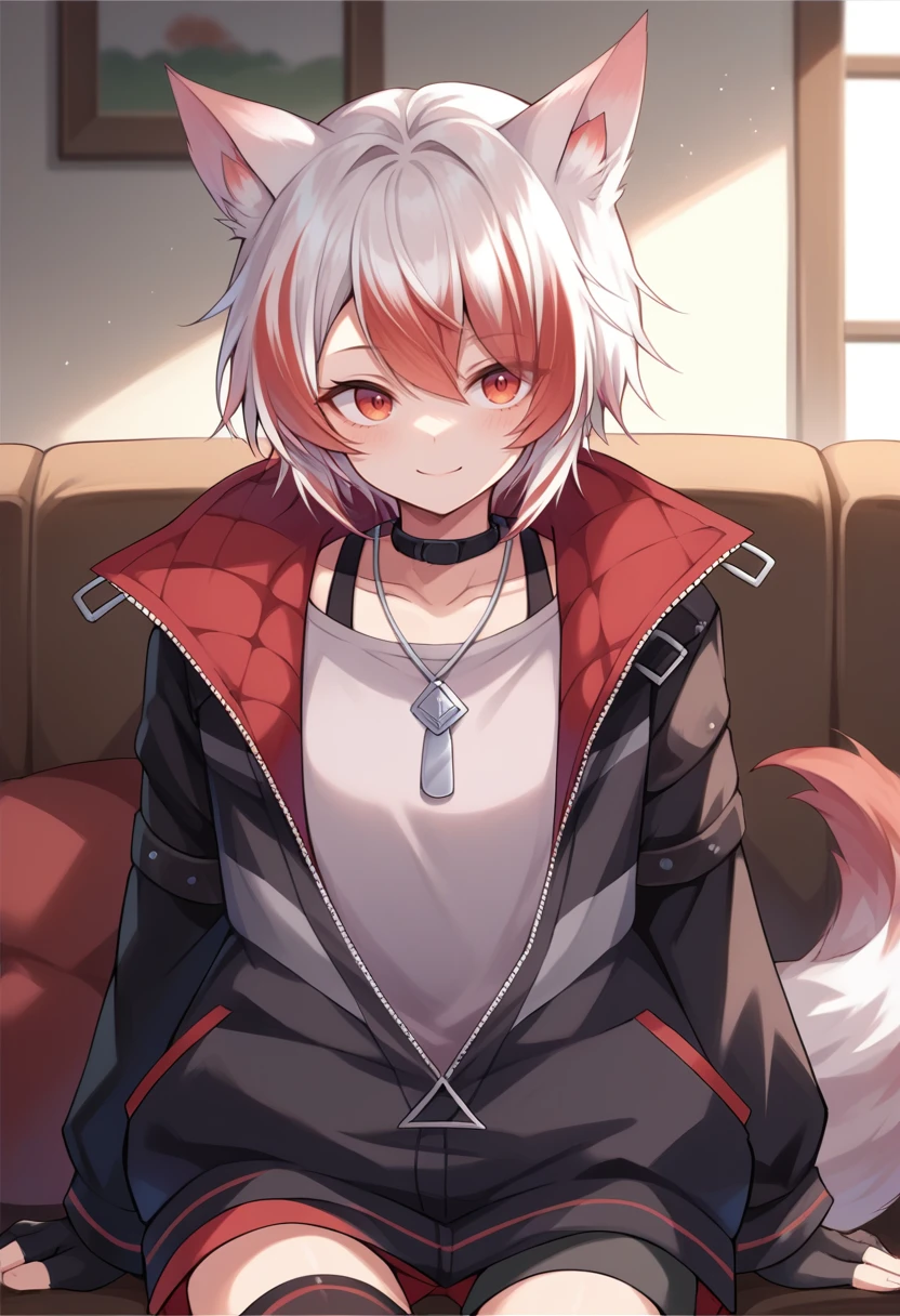 score_9, score_8_up, source_anime, 1girl, solo, KohakuDefault, multicolored hair, animal ears, tail, short hair, black choker, necklace, black jacket, partially unzipped jacket, grey shirt, black gloves, fingerless gloves, black thighhigh, single thighhigh, indoors, sitting, on couch, smile, <lora:ChamKohakuSyusetsuPonyXL:1>