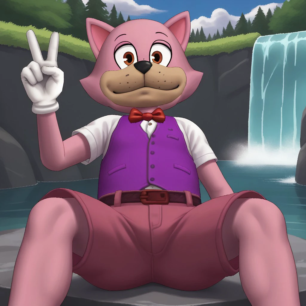 score_9, solo, bonbon_oc, gloves, bowtie, furry, shirt, shorts, on back, v, outdoors, waterfall, looking at viewer