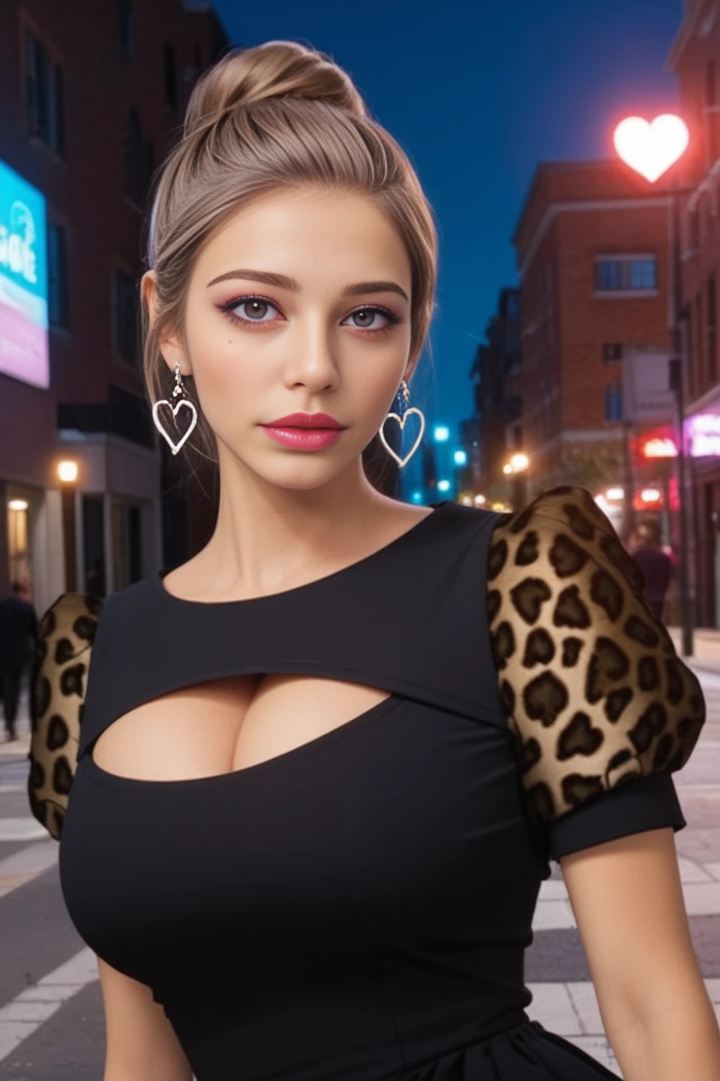 Ha1rdr3ss3r, score_9, source_anime, an image of Ha1rdr3ss3rDove woman, heart earrings, close-up, looking at viewer, black dress, cleavage cutout, leopard print short sleeves, city street, late at night, <lora:Ha1rdr3ss3rDove:0.9>, zPDXL2