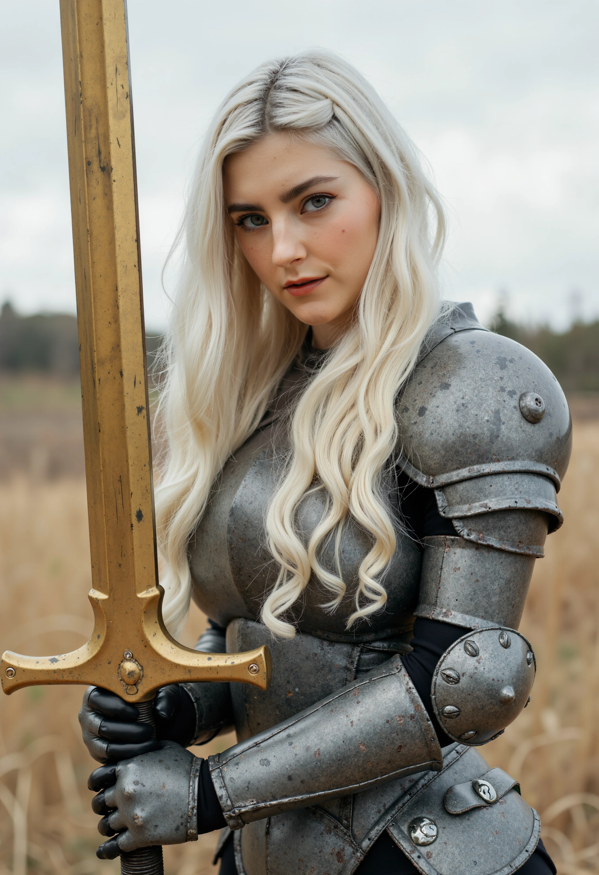 photo of a p3r5on woman with pale skin and long, platinum blonde hair styled in loose waves. is wearing super heavy armor made of granit stones. she is holding enormose huge golden sword by the handle. that stuck in the ground taller than her