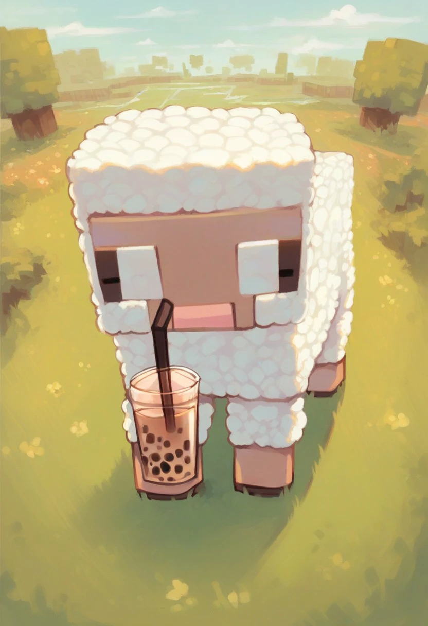 score_9_up, score_8_up, score_7_up, source_furry, minecraft sheep, sheep, park, holding, bubble tea