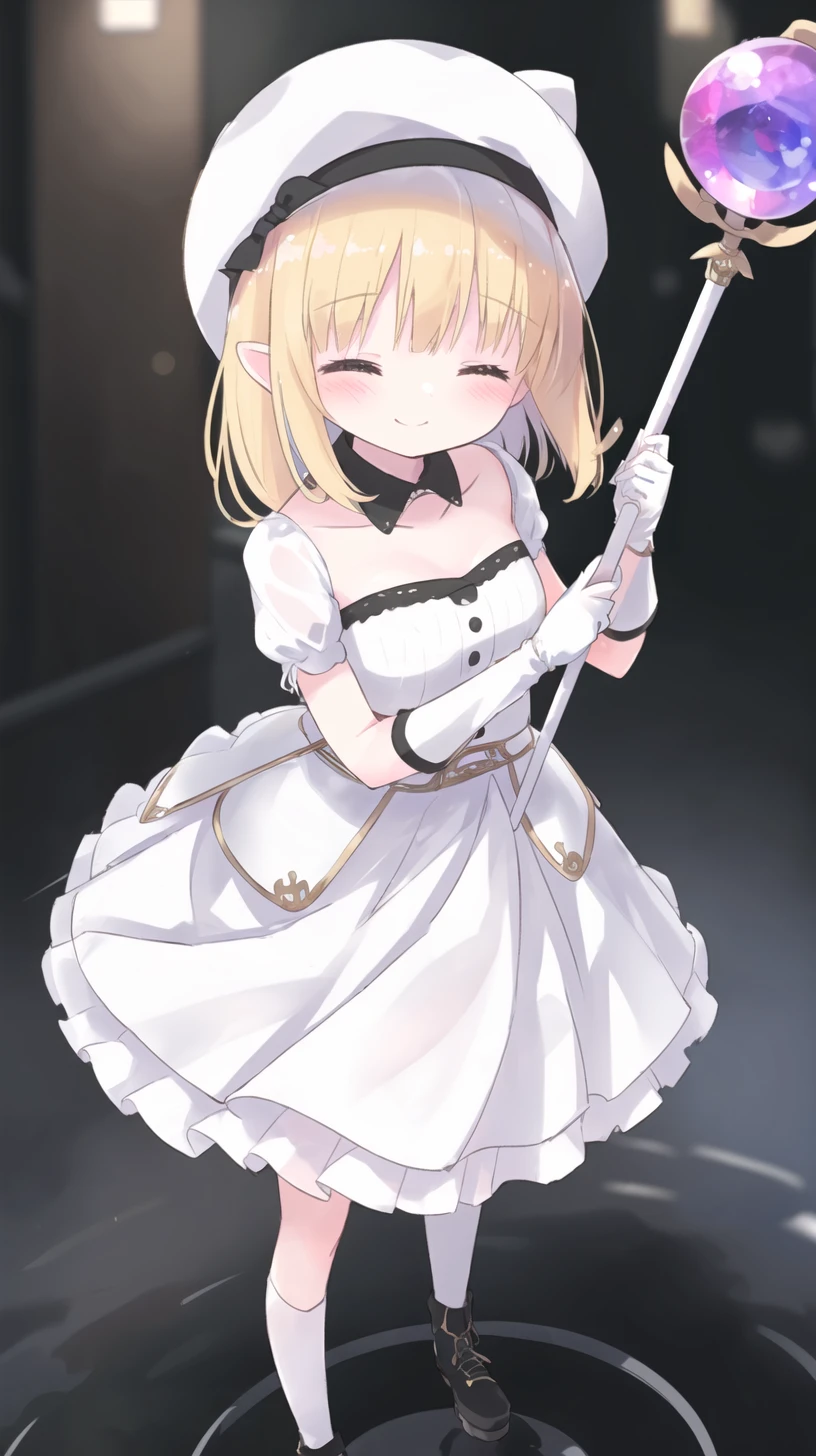((Maid)),(((White clothes))),Shoulder out,Cute little ,Tiny ,Small girl,,Childish face, Very fine clean face,Top quality, Big eyes,Straight Hair,Yellow hair,Crimson Eye,(Dark Room), Subtle light, Natural breeze,Soft lighting,Light from directly behind, (Are standing), Cute pose, (Open your hands), Showing the whole body,Front view,Black background
