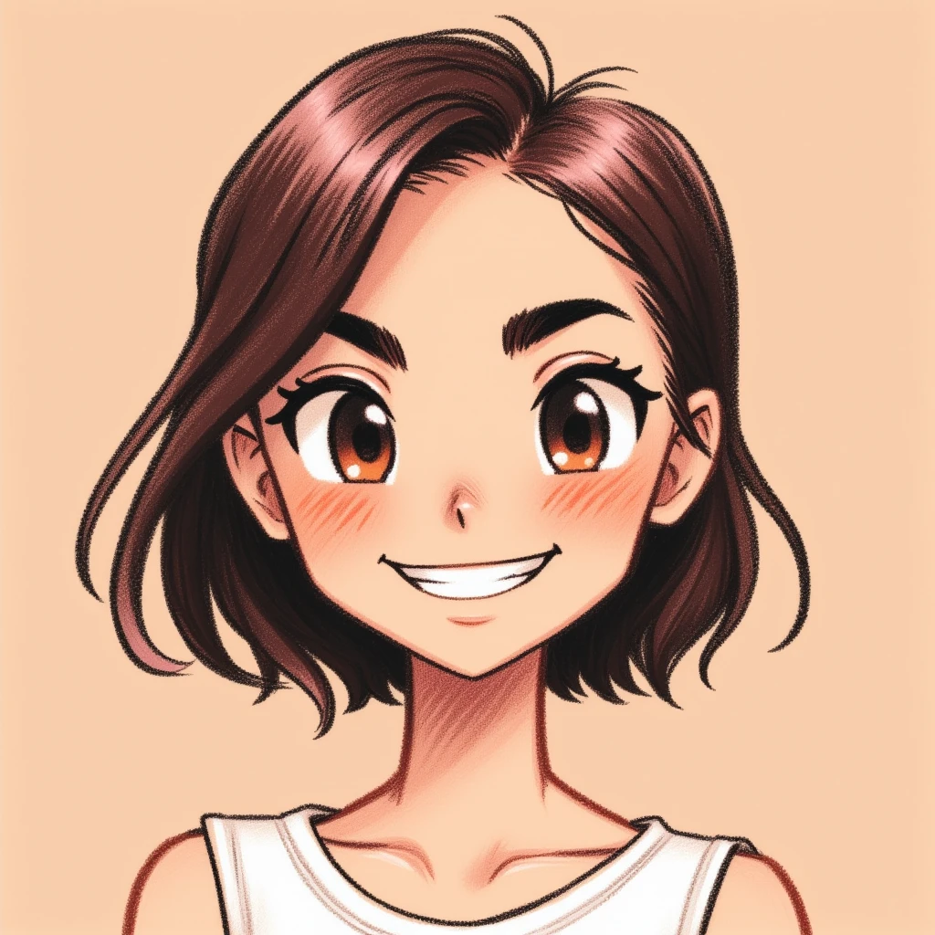 0ilpast3l, A woman with a cheesy grin, highly stylized cartoonish style. light brown background.