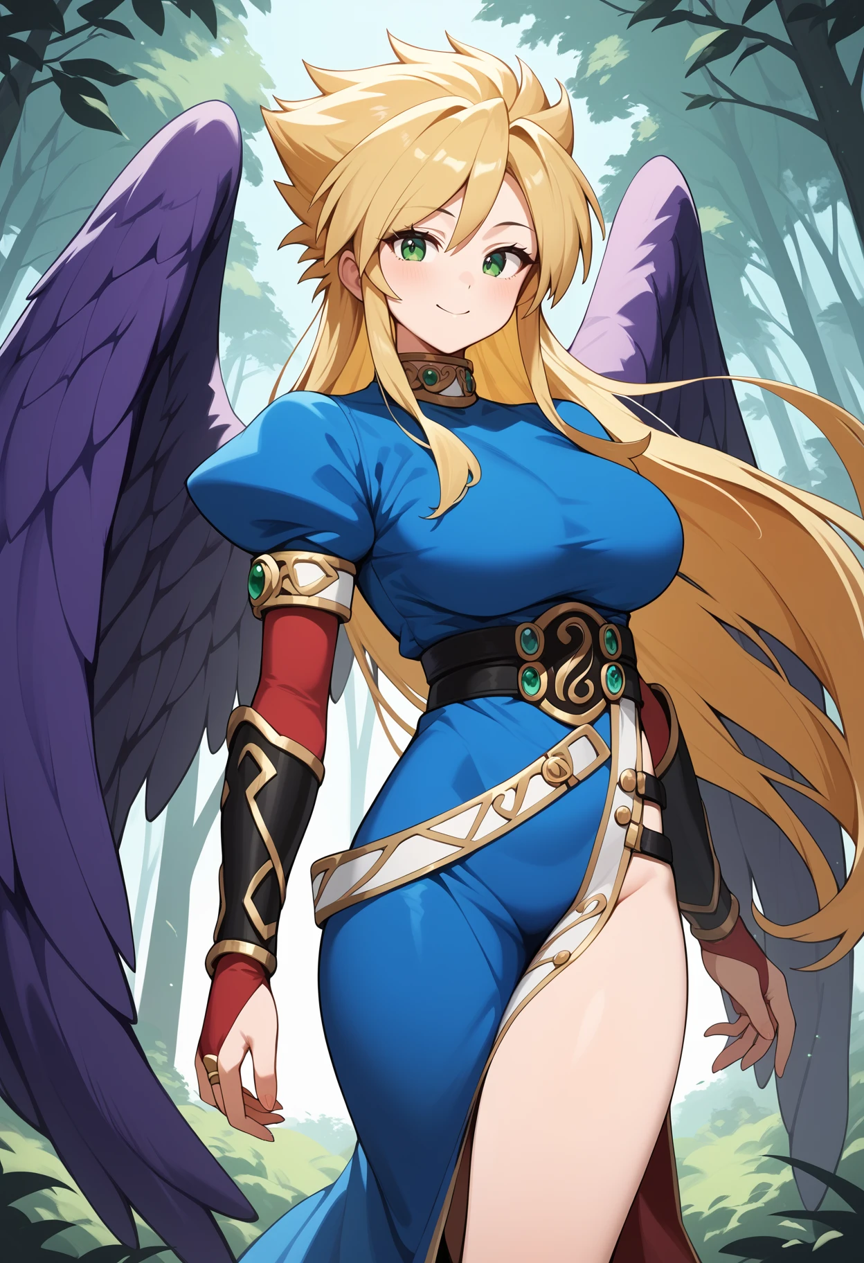 score_9, score_8_up, score_7_up, score_6_up, score_5_up, score_4_up, source_anime, aanina, long hair, blonde hair, green eyes, large breasts, feathered wings, purple wings, blue dress, puffy sleeves, bridal gauntlets, side slit, <lora:nina_bof2_ponyxl_v1:0.9>, standing, cowboy shot, outdoors, smile, forest,