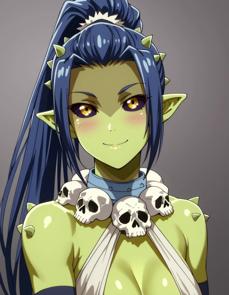 score_9, score_8_up, score_7_up, score_6_up, score_5_up, score_4_up, source_anime  <lora:PeterGrillPhilosophersTime:1>, soft smile, portrait Gobuko, very long hair, horns, spikes, skull necklace, colored skin, green skin, colored sclera, yellow eyes, monster girl, high ponytail, blue hair, black sclera, pointy ears,