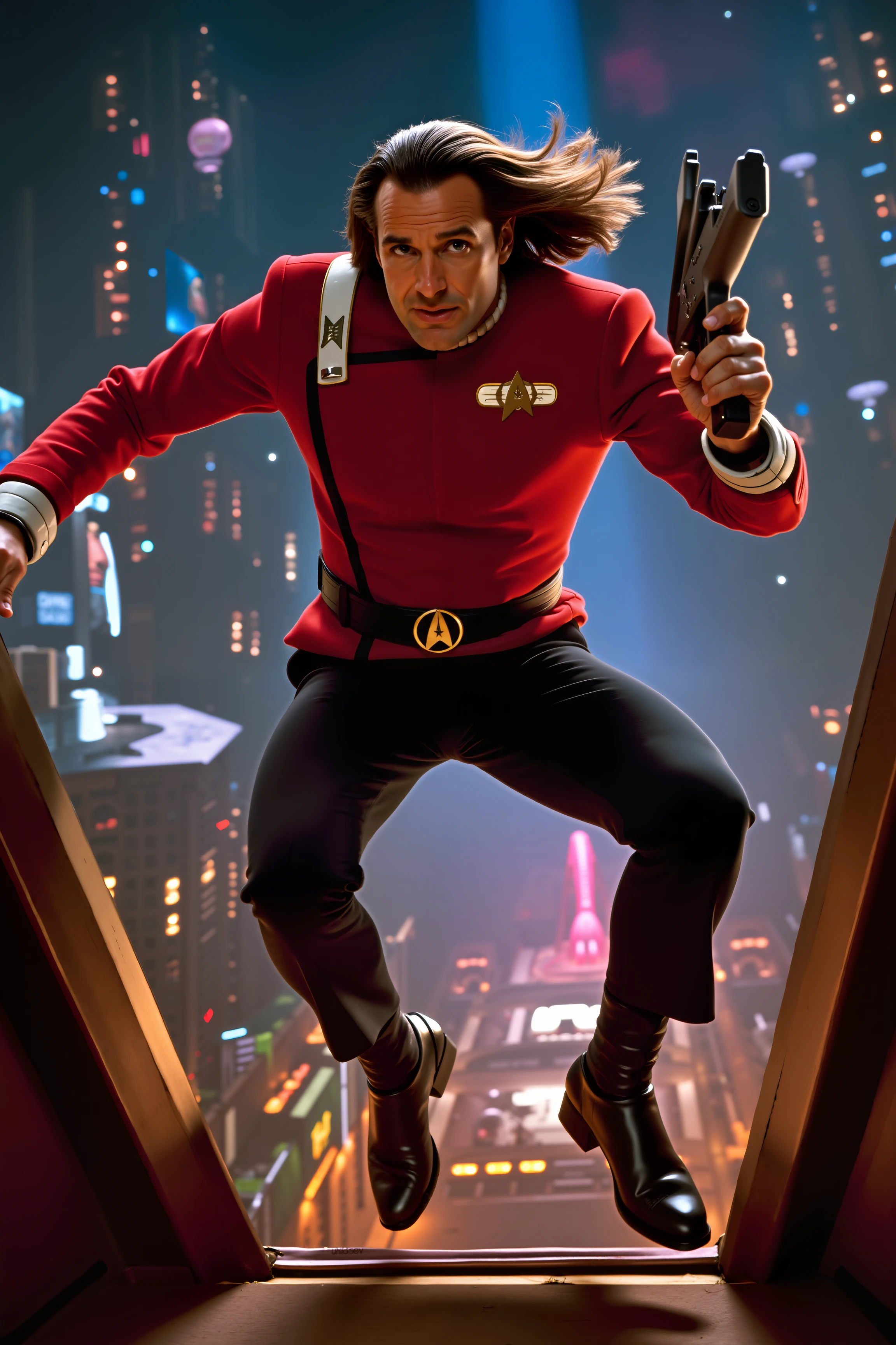 A high-quality photo of an action-packed scene featuring a long-haired man in a red TWOK uniform with black pants. The man is in mid-action, leaping from a futuristic spacecraft onto a bustling, high-tech alien planet. His long hair flows dramatically behind him, enhancing the sense of dynamic motion. He is caught in a moment of intense action, with one hand gripping a futuristic phaser and the other reaching out to steady himself. The red uniform is sharply detailed, with vibrant colors and sleek, high-tech elements that contrast vividly against the backdrop. The alien planet features an array of glowing, exotic vegetation and structures, with a distant starship and vibrant nebulae visible in the sky. The scene is filled with dramatic lighting and shadows, capturing the excitement and intensity of the moment. The high-resolution photo emphasizes the fluidity and energy of the action, showcasing the character's bravery and the high-tech environment.
