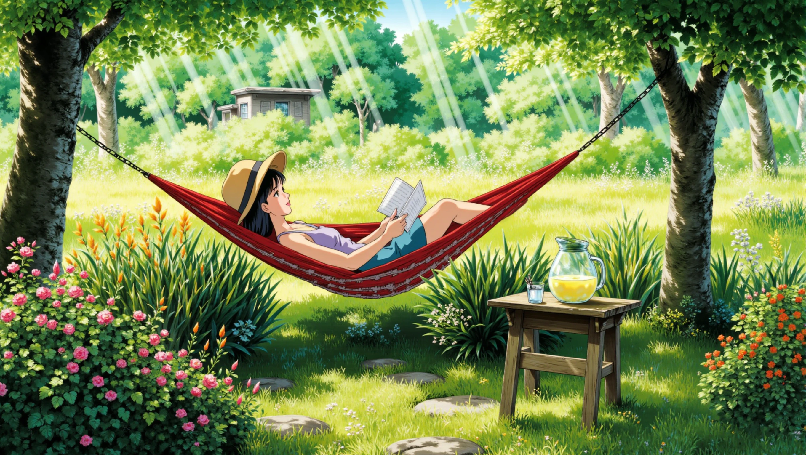 a cozyWallpaper image of a woman lying in a hammock strung between two trees in a lush, secluded garden. The woman is reading a book, with a straw hat tilted over her face. The garden is full of vibrant flowers and tall grass. Nearby, a wooden table holds a pitcher of lemonade and a glass. The sun filters through the leaves, casting dappled shadows, creating a perfect spot for relaxation and escape.  <lora:cozyWallpaper flux_epoch_18:1>