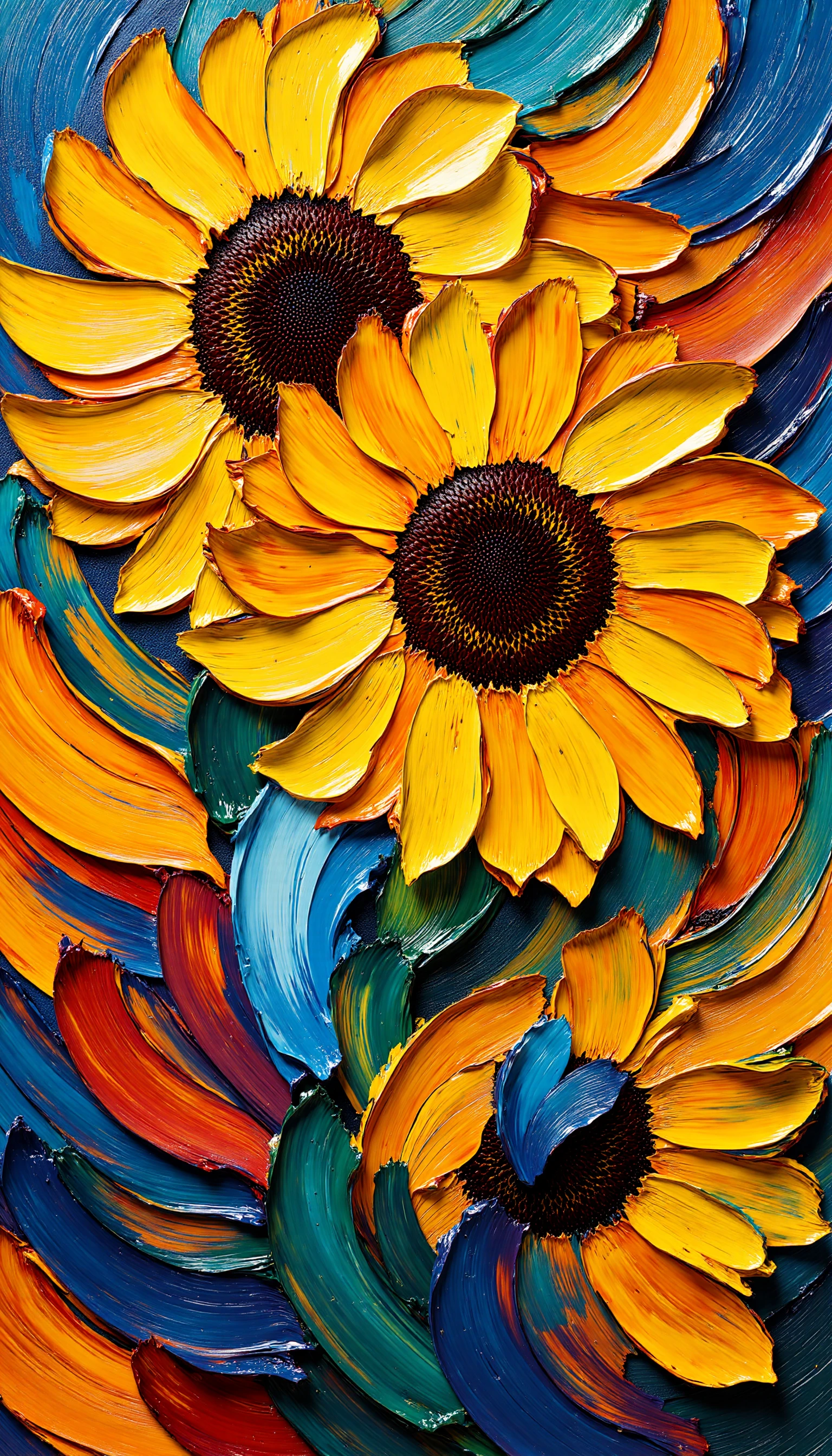 A modern reinterpretation of Vincent van Goghâs "Sunflowers," featuring energetic impasto brushstrokes and bold, contemporary colors. The sunflowers are painted with thick, textured layers of paint using a palette knife and hog hair brushes, creating dynamic, swirling petals. The composition is minimalistic, with a focus on the bold shapes and energetic brushwork, where vivid yellows, oranges, and contrasting deep blues define the flowers. The image balances the intensity of the impasto technique with a clean, refined background, creating a harmonious blend of chaotic energy and simplicity. <lora:Midjourney_Whisper_BrushPulse_v01_epoch_20:1>,