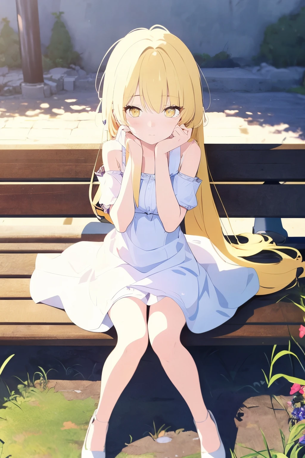 (A 25 year old girl with long blonde hair and yellow eyes, wearing a long white dress) (With a shy expression on her face) (sitting on the bench) (Full body display),
<lora:BA_v1_wd14_LoRA:0.8>,