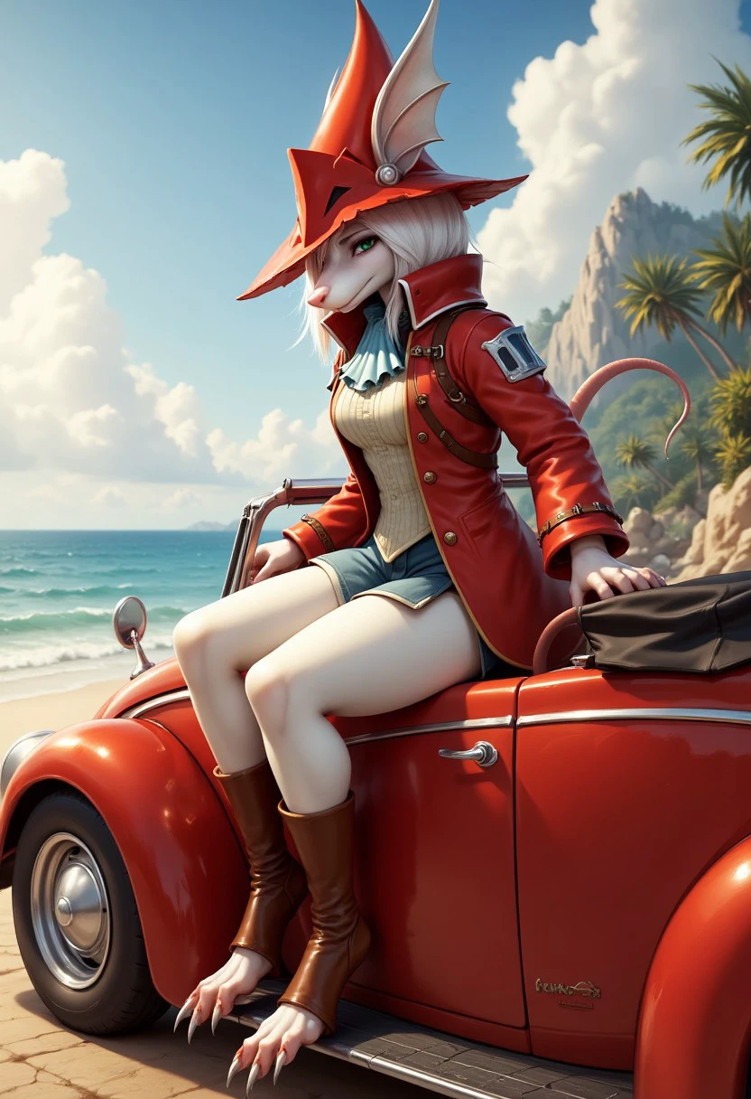 freyac, furry rat girl with white fur, wearing red coat, ascot, leather gaiters, dragoon hat. She is driving a fancy red convertible car near a beach.