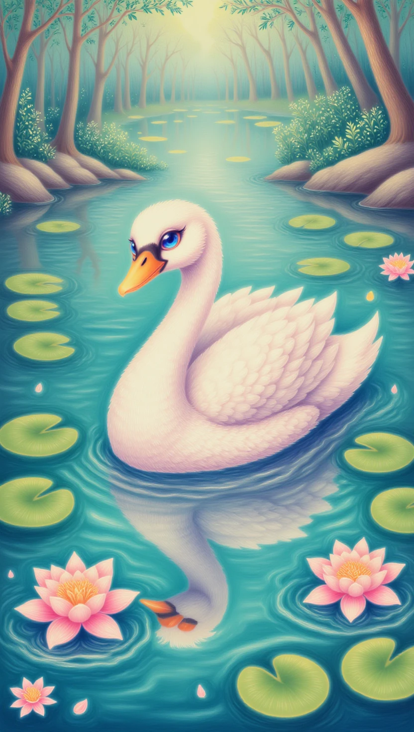 p3nc1ldraw1ng,a cute swan in a serene pond, lotus flowers, lily pads, reflective water surface, serene atmosphere