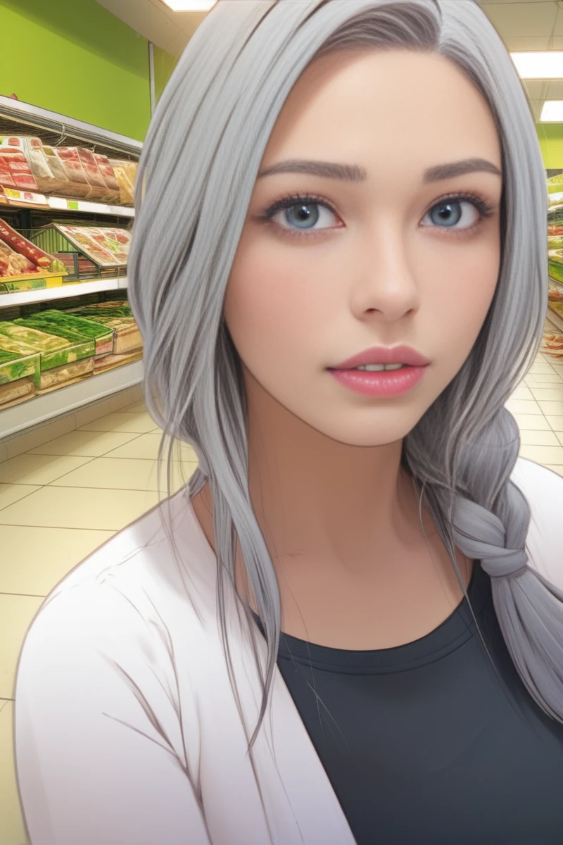 Ga-Hee JO, an image of GaHeeJoDove woman, <lora:GaHeeJoDoveV2:1.>, score_9, source_anime, single braid, black dress, grey open cardigan, looking at viewer, inside, supermarket, close-up, woman, face focus, zPDXL2