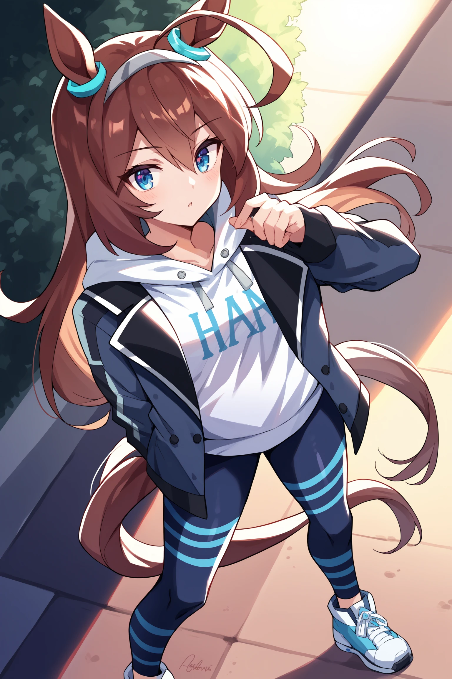 score_9, score_8_up, score_7_up, , rating_general ,1girl ,long hair, ahoge, blue eyes, horse ears, horse tail, hair ornament, ear blue ring, white hairband, open jacket, layered clothes, hoodie shirt, hood down, web print leggings, sneakers, outdoors, source_anime, <lora:MihonoBourbonPDCAMEq5v1 UMA:1>, cowboy shot, abstract, spotlight, alluring, shiny skin, in heat, steaming body ,