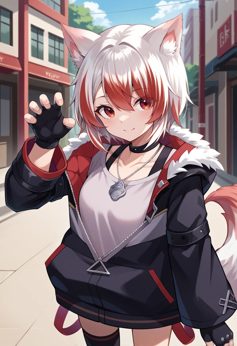 score_9, score_8_up, source_anime, 1girl, solo, KohakuDefault, multicolored hair, animal ears, tail, short hair, black choker, necklace, black jacket, partially unzipped jacket, grey shirt, black gloves, fingerless gloves, black thighhigh, single thighhigh, paw pose, smile, outdoors, <lora:ChamKohakuSyusetsuPonyXL:1>