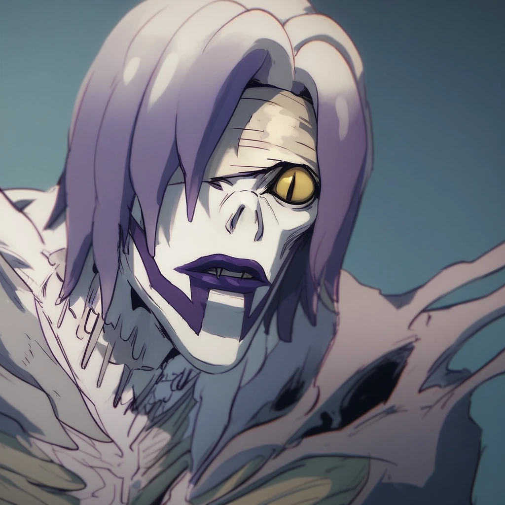 Rem, 1girl, solo, shinigami, monster girl, face tattoos, one eye, yellow eye, bandage over eye, purple lips, white hair, purple hair tips, skeletal, looking at viewer, score_9, score_8_up, score_7_up