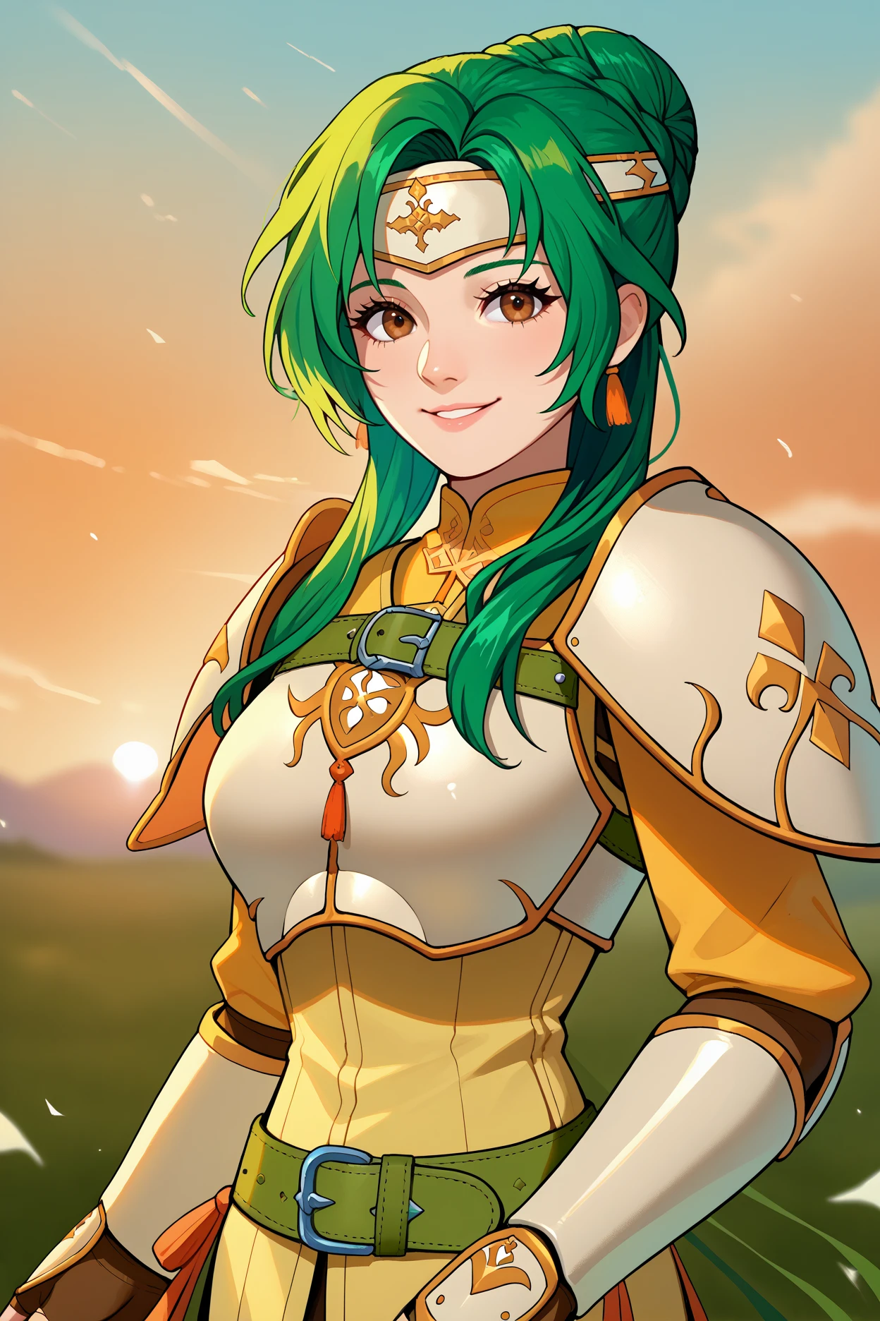 score_9, score_8_up, score_7_up, score_6_up, source_anime, 1girl, solo, <lora:elincia-pdxl-nvwls-000005:1> defElincia, green hair, hair bun, long hair, braid, brown eyes, headband, white armor, shoulder armor, breastplate, white tunic, green belt, elbow gloves, fingerless gloves, large breasts, looking at you, smile, upper body, sunset, blue sky, medieval