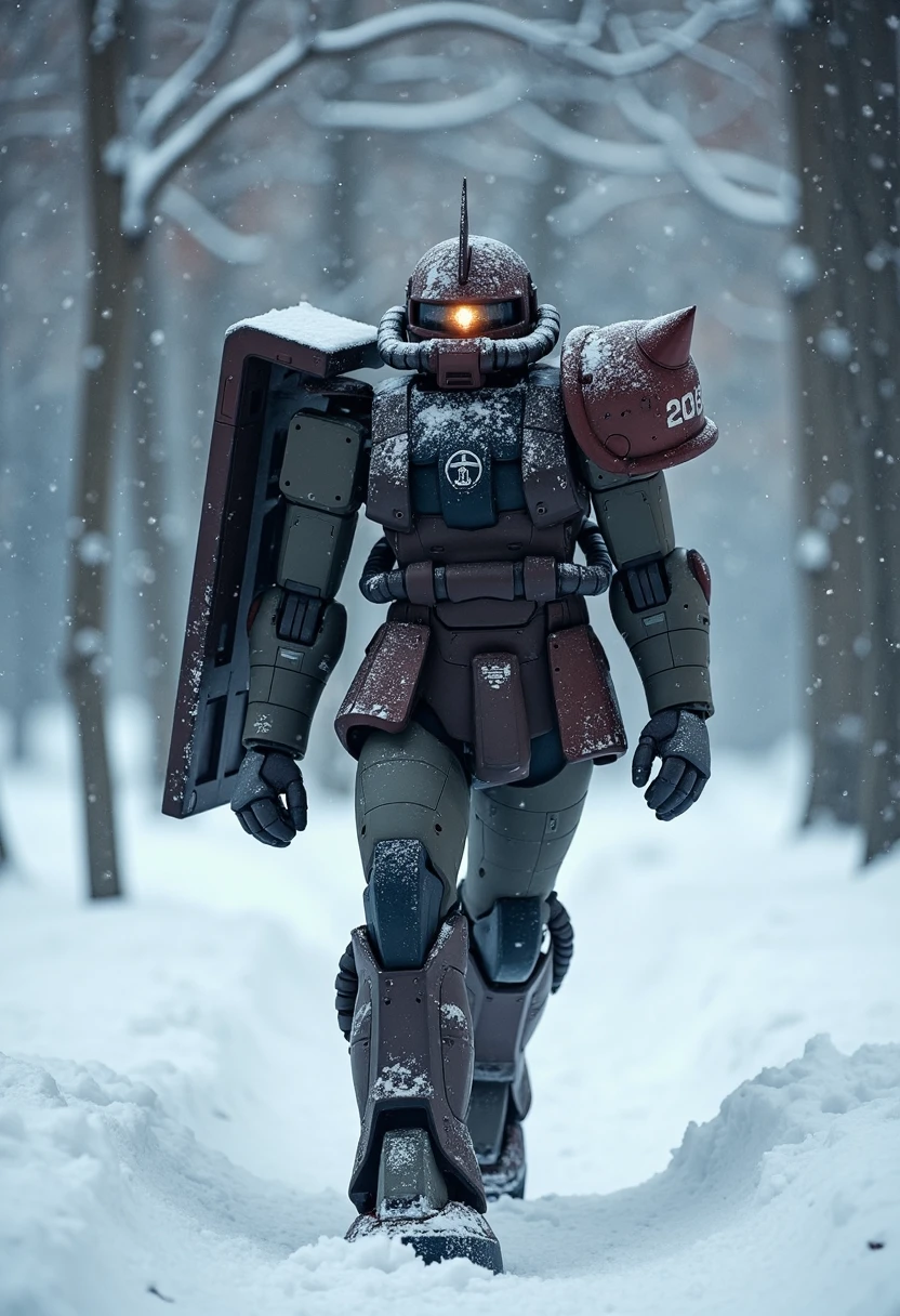 zaku,In a snowy park, the woman in the Zaku suit walks alone. Snowflakes gather on the jagged edges of her armor, a stark contrast to the soft, white blanket covering the ground. Her footsteps are the only sound, a quiet testament to her solitary journey amidst the stillness. the shoulders is with sparks,
