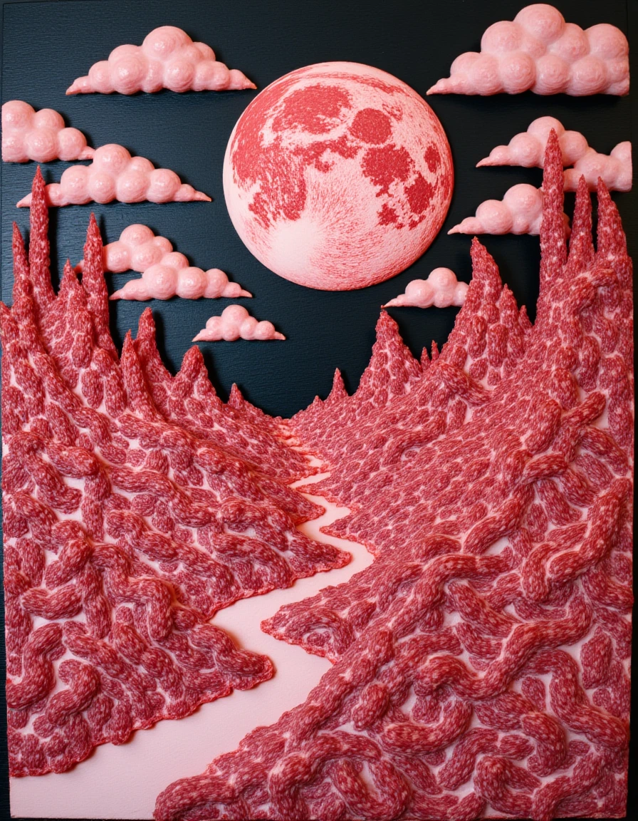 An abstract landscape painting but it is painted entirely with meat. All of the shapes, textures and patterns on this painting should be made of meat. A full moon of flesh forms the focal point of this painting, while the background is a complex meaty landscape. The painting should vaguely resemble something, but also resemble nothing at all. In summary, this should be a thought provoking and nonsensical image, while also be composed entirely of meat.