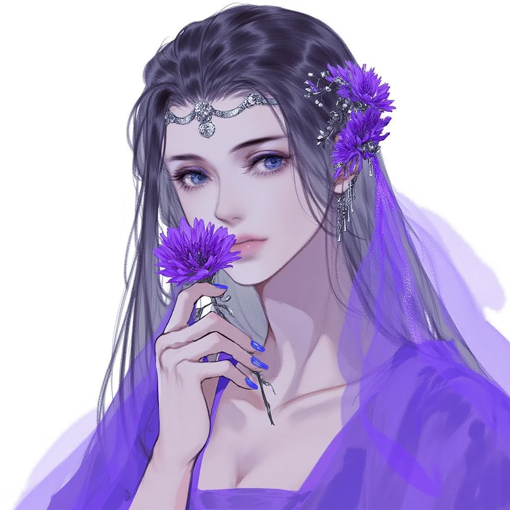 white background, purple theme, solo, looking at viewer, nail polish, purple flower, hair ornament, hair flower, veil, holding flower, collarbone, expressionless, black hair, flower, long hair, blue eyes, holding, dress, blue nails, closed mouth, 1girl, upper body. This is a digital illustration featuring a serene, ethereal woman with fair skin and delicate features. She has long, straight black hair that cascades down her shoulders, adorned with intricate purple floral crowns and delicate, sparkling jewels. Her eyes are a striking blue, complementing her pale complexion and giving her an otherworldly, almost angelic appearance. She wears a flowing purple garment that resembles a traditional kimono, with a soft, silky texture. The woman holds a purple flower in her right hand, which she gently caresses with her long, manicured nails painted in a vivid blue. The background is a clean, light white, ensuring that the focus remains on her delicate beauty and the vibrant purple hues of her attire and the flowers. The illustration is characterized by its detailed, almost hyper-realistic portrayal of the woman's facial expressions and the intricate textures of her hair and clothing. The use of soft, blended shading and delicate highlights gives the image a dreamy, almost surreal quality, enhancing the ethereal and mystical atmosphere of the scene.