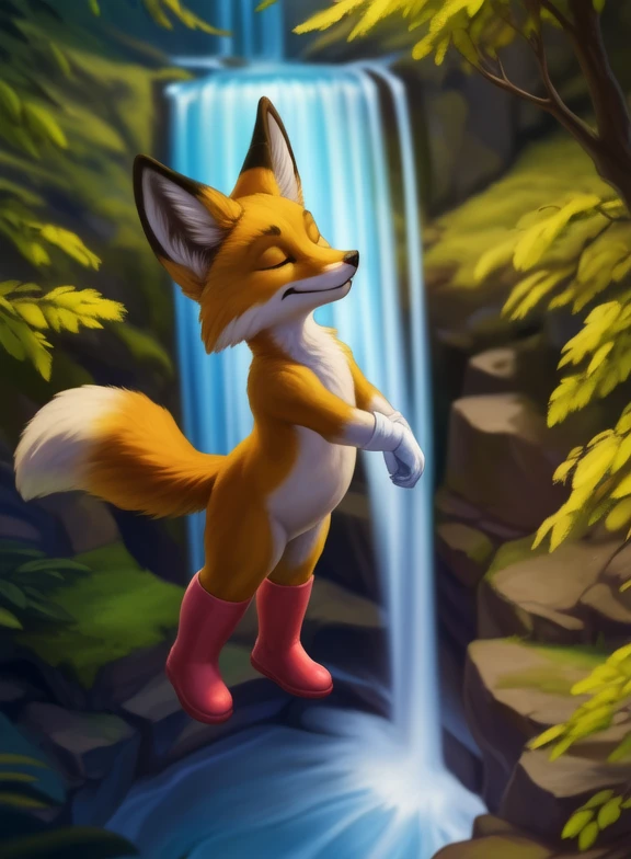 <lora:DonbeSluAraYif:1> DonbeSluAra, fox, kitsune, red fur, red fur, pink boots,   eyes closed, (white gloves, chibi,)
[ solo, nature, forest, day, clouds, waterfall, smiling,]  high-angle view,
(beautiful, aesthetic, perfect, delicate, intricate, saturated colors), masterpiece, digital drawing, best quality,
by silgiriya mantsugosi, [[detailed Chunie lighting ]], [by personalami0.2], by cynicalstarr,