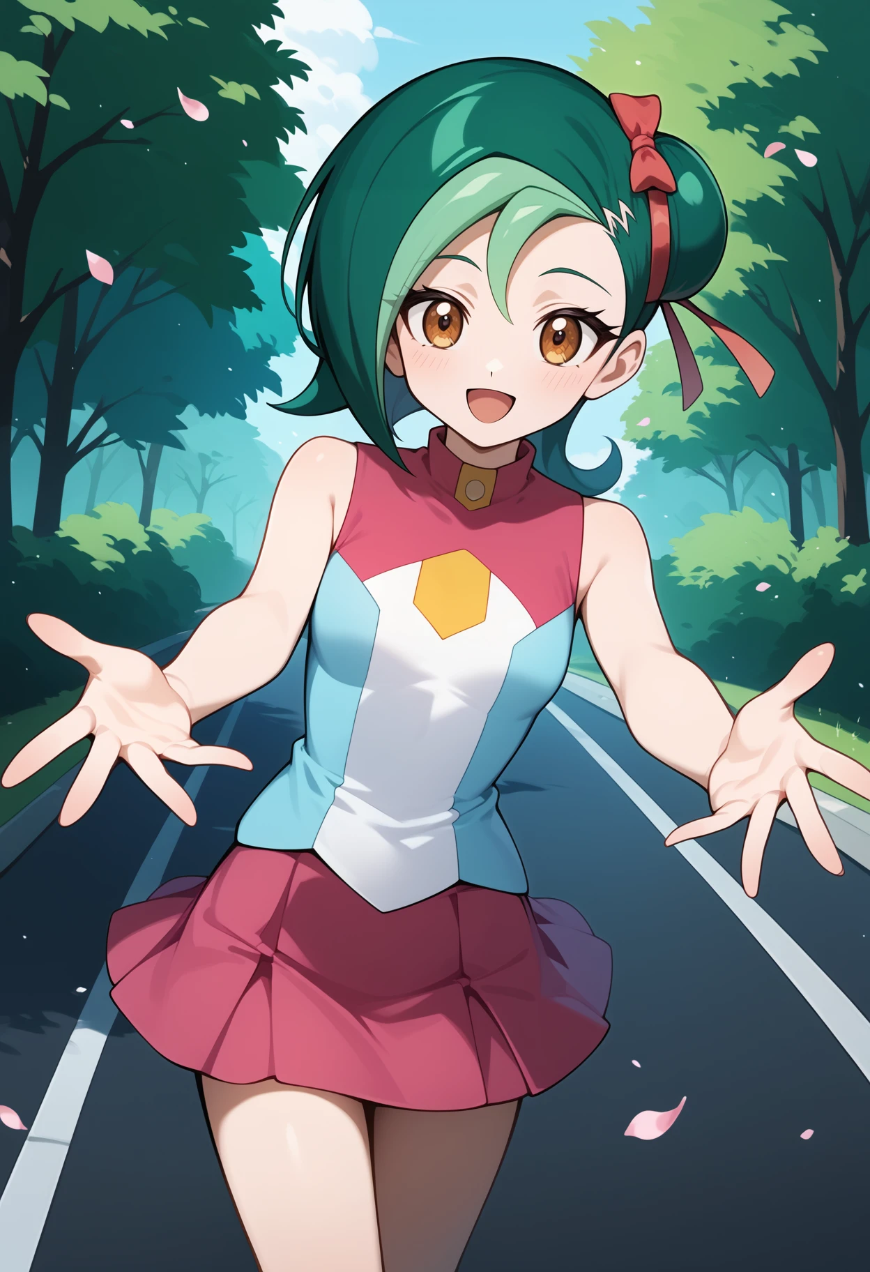 score_9, score_8_up, score_7_up, score_6_up, score_5_up, score_4_up, source_anime, aakotori, short hair, multicolored hair, green hair, single hair bun, hair ribbon, brown eyes, small breasts, bare shoulders, sleeveless shirt, multicolored shirt, blue shirt, pink skirt, <lora:mizuki_kotori_(yu-gi-oh!)_ponyxl_v1:0.9>, standing, cowboy shot, outdoors, road, petals, smile, open mouth, reaching,