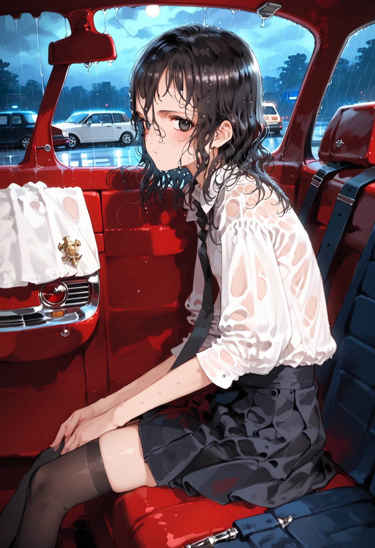 score_9,score_8_up,score_7_up,source_anime,(masterpiece:1.2),best quality,very aesthetic,absurdres,1girl,
<lora:thouka_p_v1.1:1>,thouka,black hair,black eyes,hair between eyes,white blouse,black tie,navy blue pencil skirt,black_thighhighs,loafers,<lora:Fixhands_anime_bdsqlsz_V1:1>,
light_blush,blush,embarrass,looking_at_viewer,inside the car,in the car on a rainy day,night,rain,(wet,wet skin,sweaty,soggy,wet hair:1.3),sitting,car interior,detailed car interior,from_outside,profile,, masterpiece,best quality, very aesthetic, absurdres, ultra detailed, high resolution, 4k, extremely detailed CG,