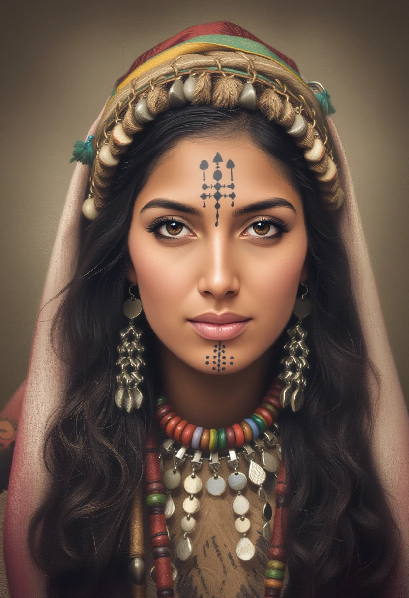 A striking portrait of a woman with deep, soulful brown eyes and long, dark wavy hair, adorned with tasfift headress. Her face  is intricately decorated with usham tribal tattoos, featuring dots on her sheeks and geometric patterns on her forehead lines on chin   .  ,Usham,pavsok style