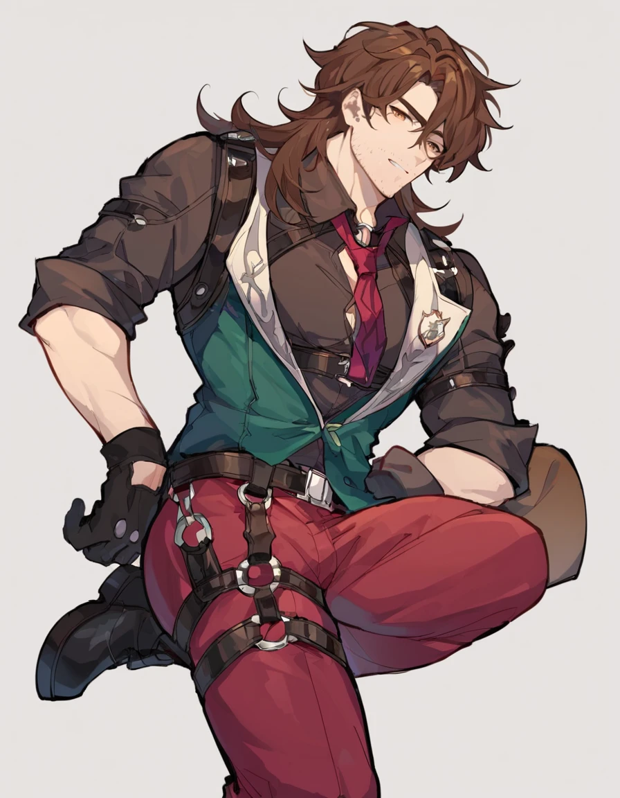 score_9, score_8_up, score_7_up, source_anime, <lora:Gallagher-19:0.8> 1boy, solo, male focus, gallagher, brown hair, hair between eyes, long hair, brown eyes, stubble, facial hair, collared shirt, black shirt, black gloves, red pants, belt, black footwear, <lora:add-detail-xl:1.5>
