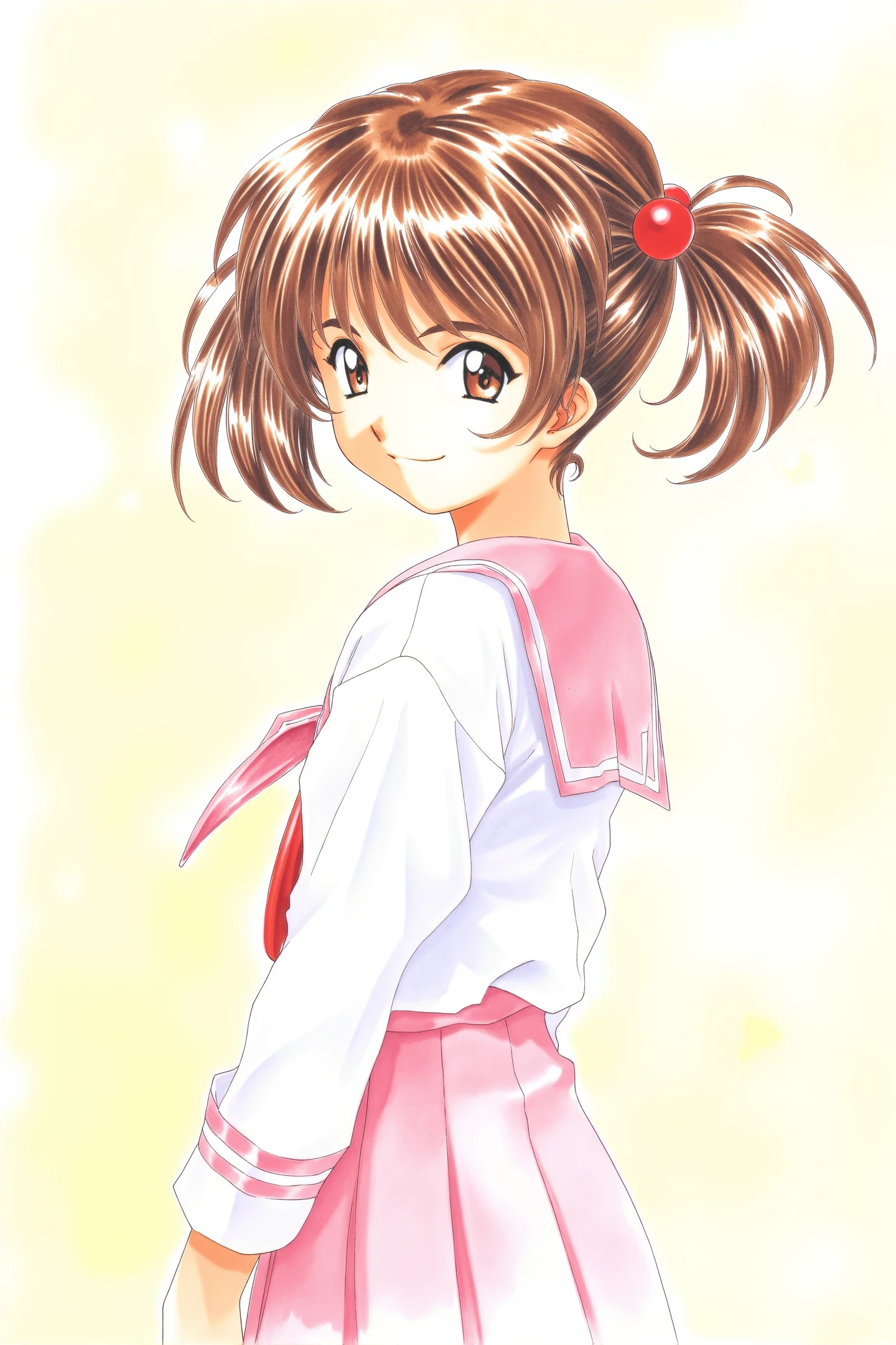 Coquelicot, 1girl, solo, smile, twintails, brown eyes, brown hair, short twintails, white shirt, long sleeves, pink pants, sailor collar, traditional media, school uniform, looking at viewer, hair bobbles, hair ornament, grin, shirt, upper body, serafuku, from side, shiny, bangs, short hair, skirt, shiny hair, retro artstyle, neckerchief, pink skirt,pink sailor collar, 1990s (style),
<lora:Sakura Wars_FLUX:1>