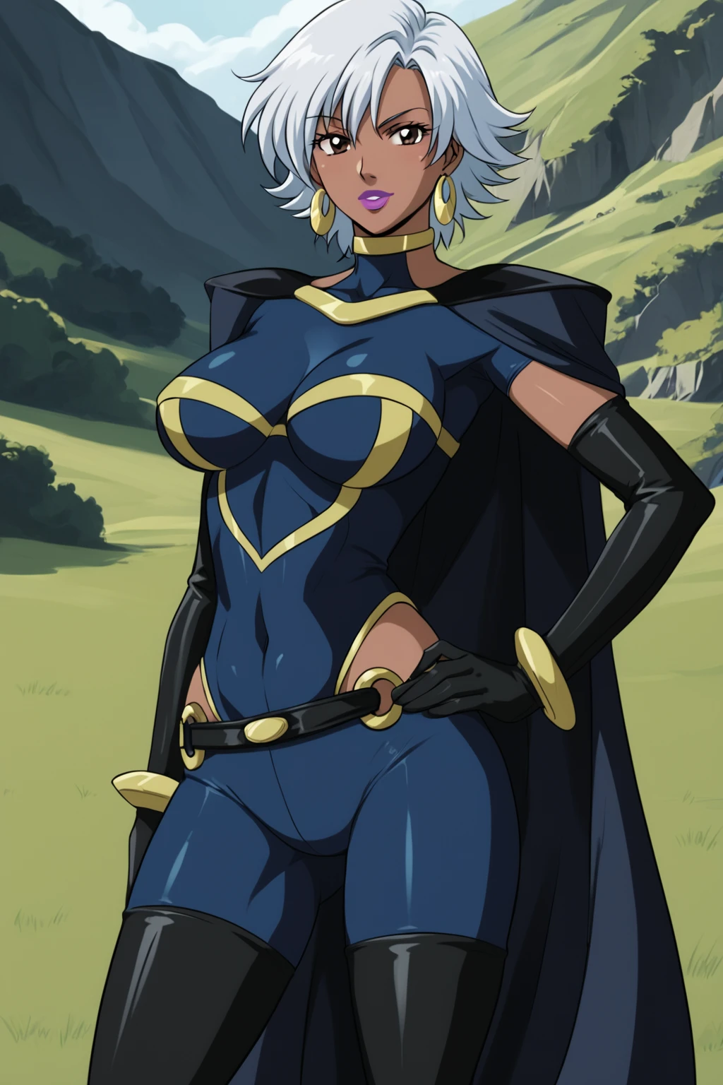 PonyXLV6_Scores BREAK (parody, retro artstyle, perfect anatomy, perfect eyes, absurd resolution, cowboy shot), <lora:add-detail-xl:1>, BREAK <lora:StormAnime:0.8> ororo munroe, dark-skinned female, short hair, white hair, brown eyes, flirting, raised eyebrow, ((looking at viewer)), lipstick, makeup, large breasts, athletic, curvy, toned, jewelry, earrings, bodysuit, cape, gloves, elbow gloves, thighhighs, sexually suggestive pose, standing, hands on hip, outdoors