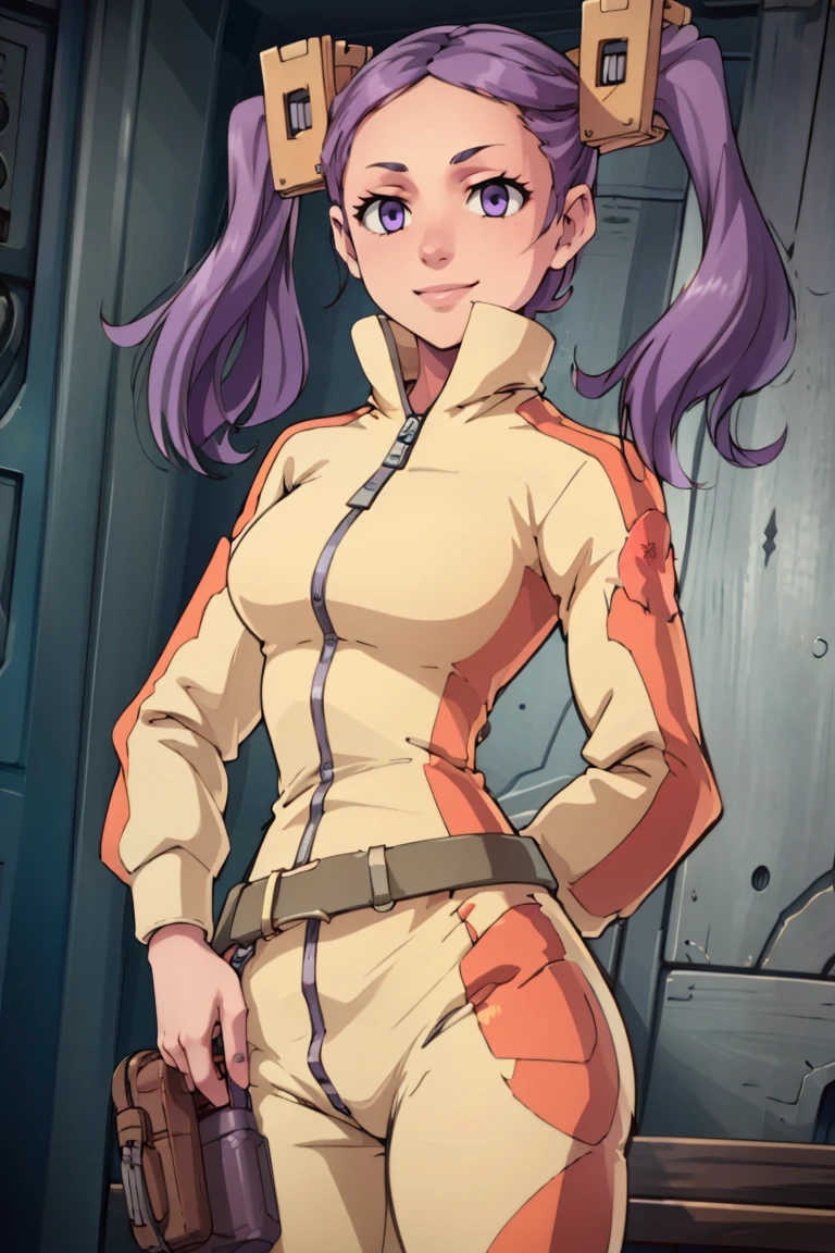 ((masterpiece,best quality)), absurdres, <lora:Wahanly_Shume_Tenchi:0.8>, Wahanly_Shume_Tenchi,  1girl, solo, long hair, purple hair, twintails, purple eyes, hair ornament, belt, jumpsuit,  solo, smiling, looking at viewer, cowboy shot,