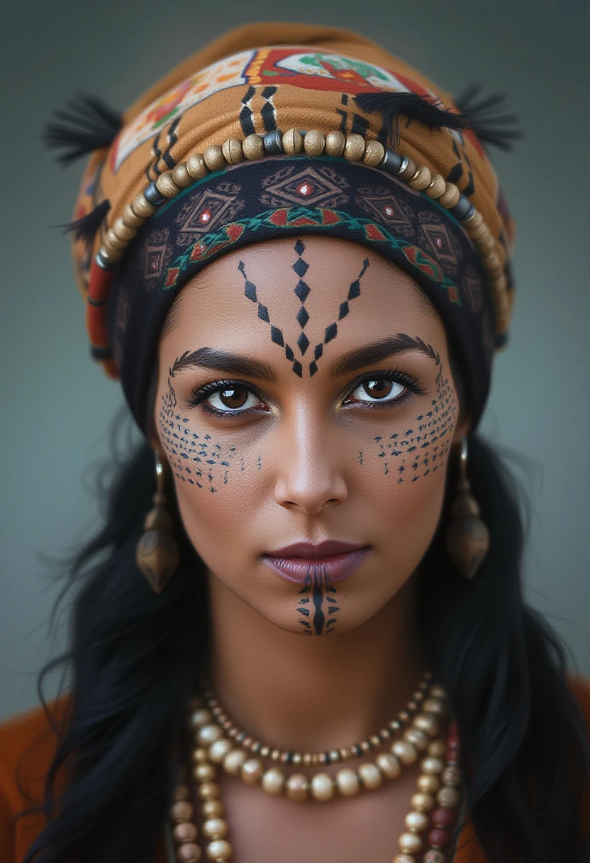 A striking portrait of a woman with deep, soulful brown eyes and long, dark wavy hair, adorned with tasfift headress. Her face  is intricately decorated with usham tribal tattoos, featuring dots on her sheeks and geometric patterns on her forehead lines on chin   .  ,Usham,pavsok style