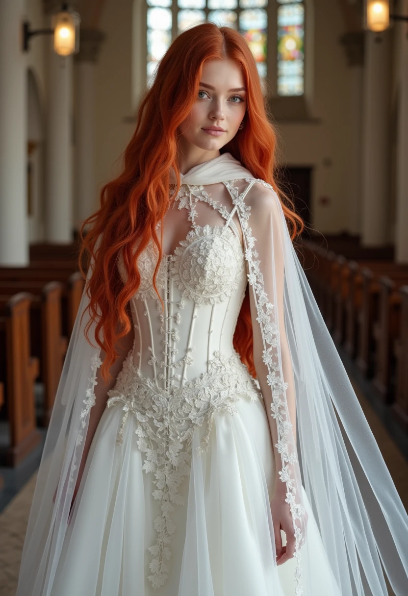 A woman with flowing long red hair gazes at the viewer softly. her white dress is hud_m0thern4ture, a stunning full-length gown with a fitted bodice and a flared skirt. consisting of a corset, see-through hooded cape. the setting is a church and she is marrying her husband