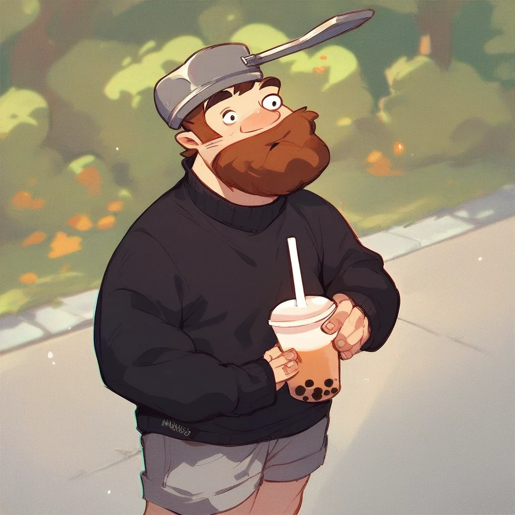 score_9_up, score_8_up, score_7_up, mikus-dave, brown hair, brown beard, frying pan on head, 1boy, solo, black sweater, gray shorts, park, holding, bubble tea