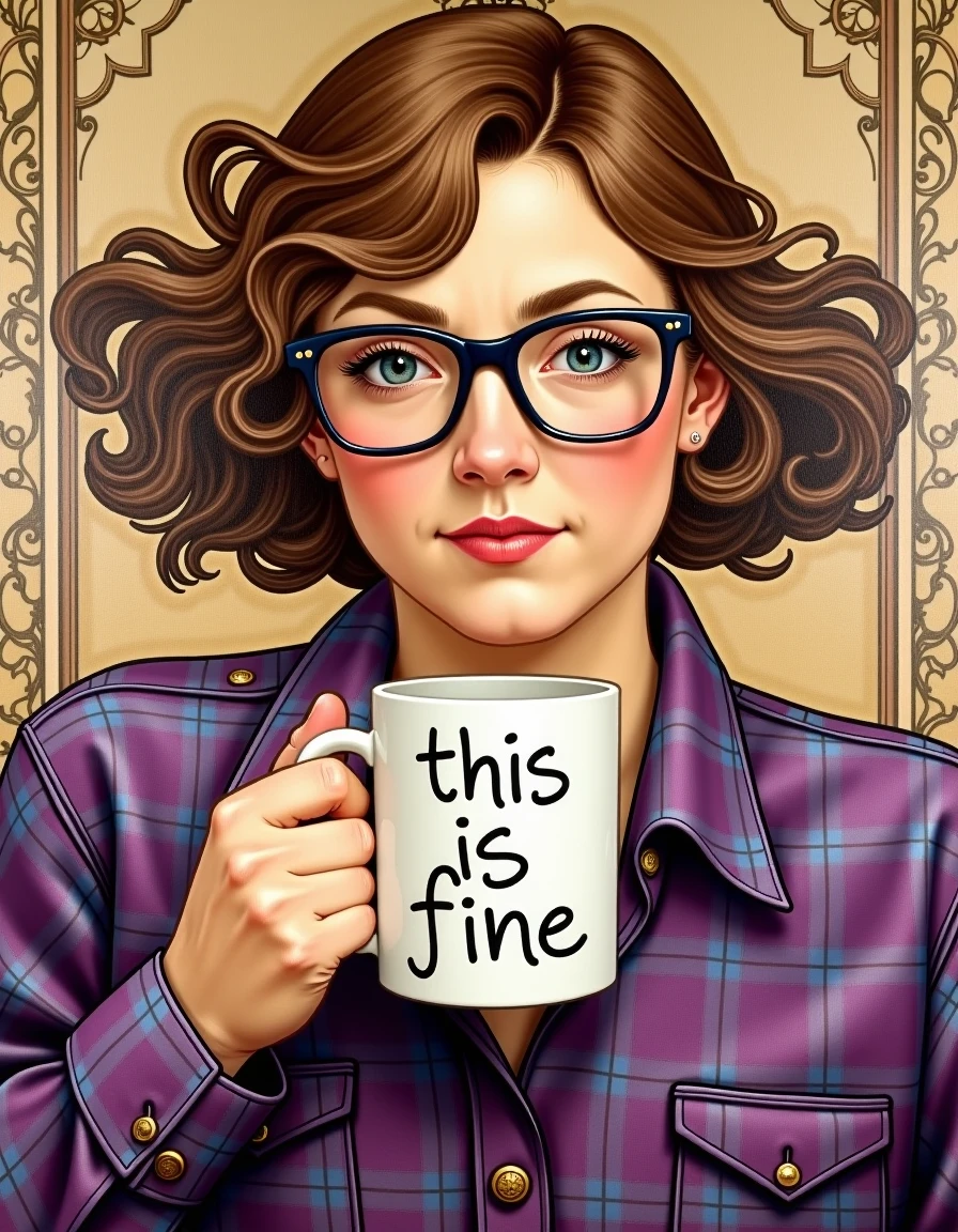 <lora:Alphonse Mucha_epoch_8:1>, <lora:bzl/v06-decay:1>, mucha_style, a painting by Alphonse Mucha depicting bzl (an adult woman) holding a white coffee mug with black words printed on it that read "this is fine", wearing a purple flannel shirt and glasses, short brown wavy hair, blue eyes