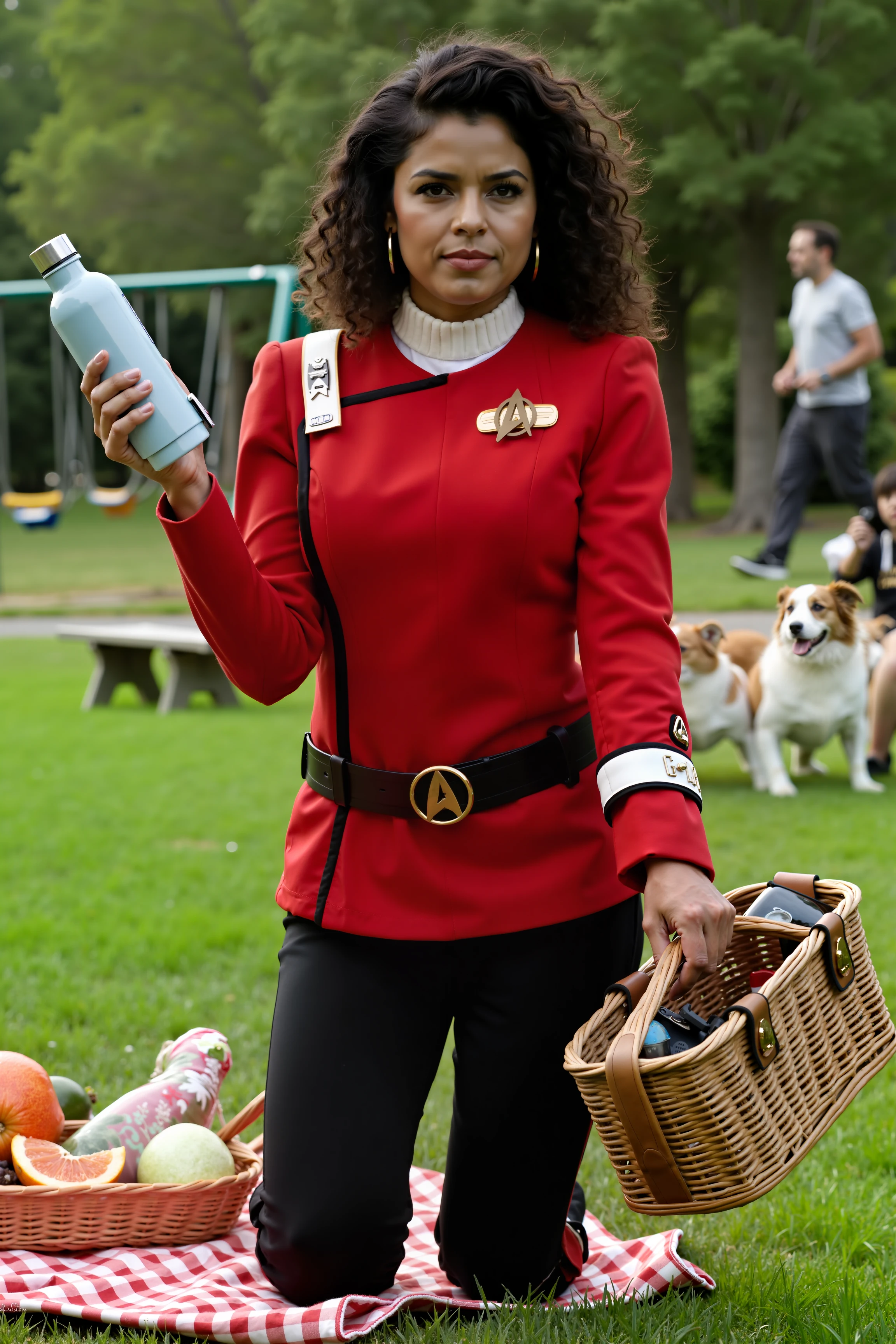 A high-quality, funny photo of a Latina woman with curly hair, dressed in a bright red TWOK uniform with black pants and white collar, enjoying a day at the park. She’s striking a playful pose while holding a picnic basket with one hand and an oversized, futuristic-looking water bottle with the other. Her red uniform, contrasting with the lush green park surroundings, adds a humorous and eye-catching touch. In the background, children playing on a swing set and people strolling their dogs are captured in mid-action, while the woman’s uniform and comically serious expression—complete with a mock stern gaze—create a delightful contrast. The scene includes a nearby picnic blanket with typical park fare, but with an amusing twist: futuristic, Star Trek-inspired snacks like glowing fruit and miniature food replicators. The photo captures a perfect blend of high-quality imagery and whimsical humor, showcasing the woman’s charisma and the amusing juxtaposition of Star Trek gear in a casual park setting.